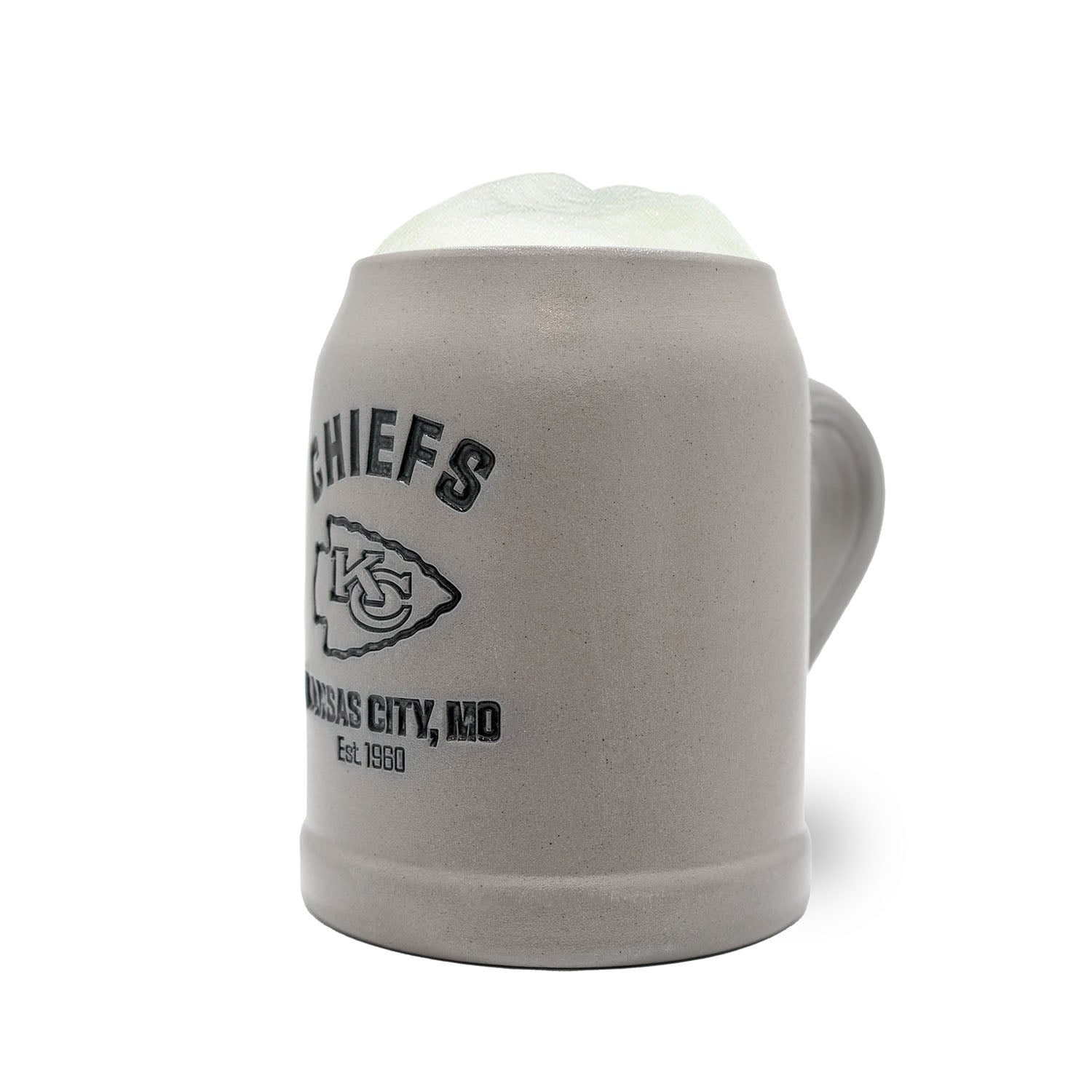 Robuster Steinbierkrug mit Kansas City Chiefs Logo, optional gravierbar, Handarbeit, 0,5 Liter, mit Zinndeckel.