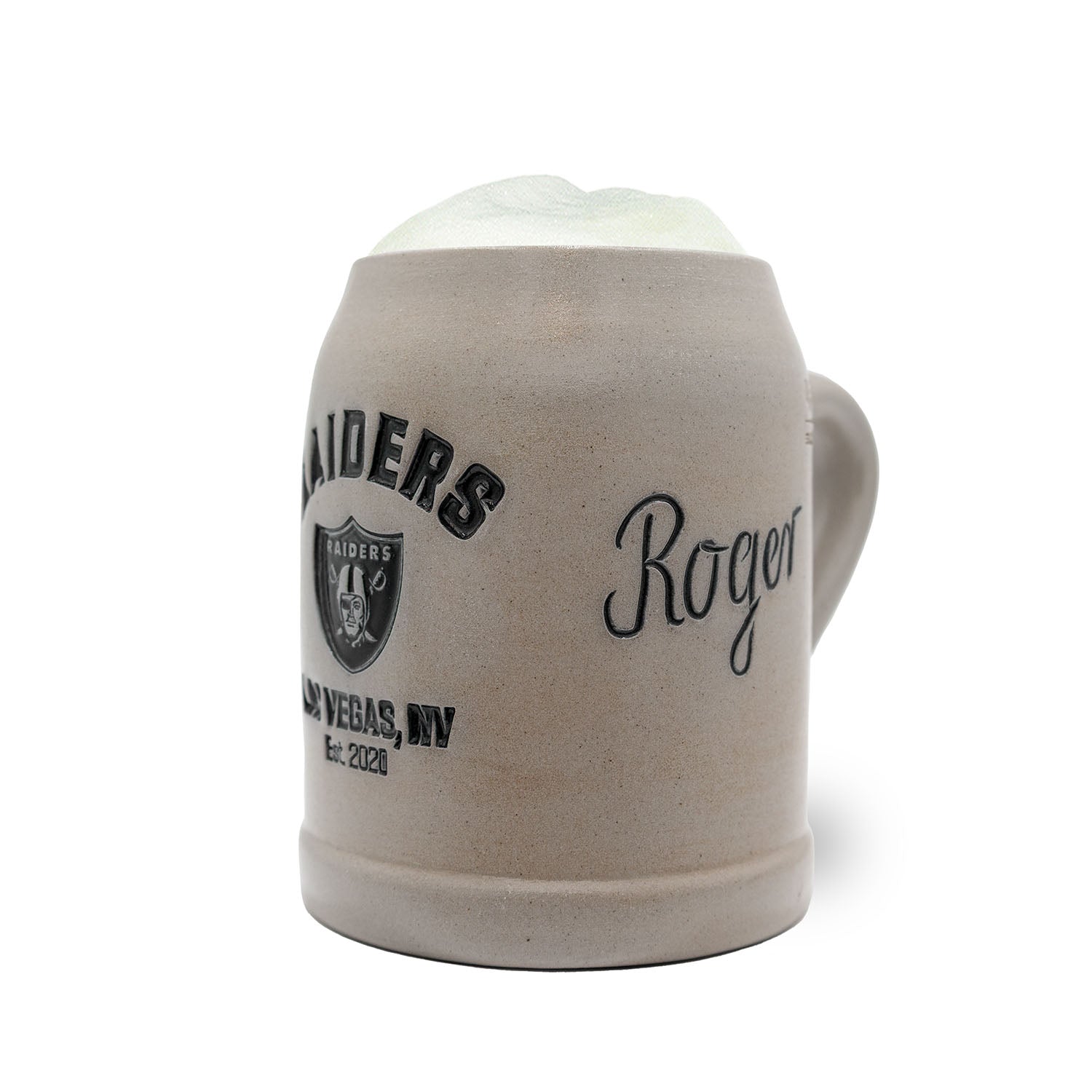 Steinkrug mit „Las Vegas Raiders“-Logo und NFL-Wappen, optional graviert, mit Zinndeckel, 0,5 l, handgefertigt.