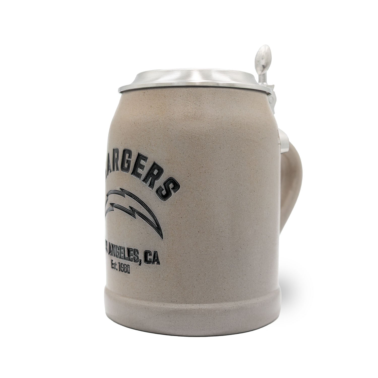 Traditioneller NFL Bierkrug mit Los Angeles Chargers Logo, Zinndeckel und Gravurfläche, 0,5 Liter, Steingut.