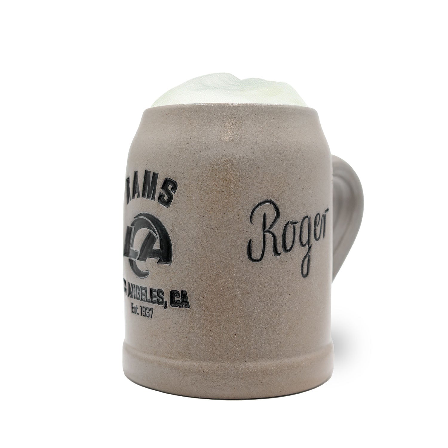 Traditioneller Steinkrug mit graviertem Los Angeles Rams Logo, Zinndeckel und Wunschname, 0,5 Liter.