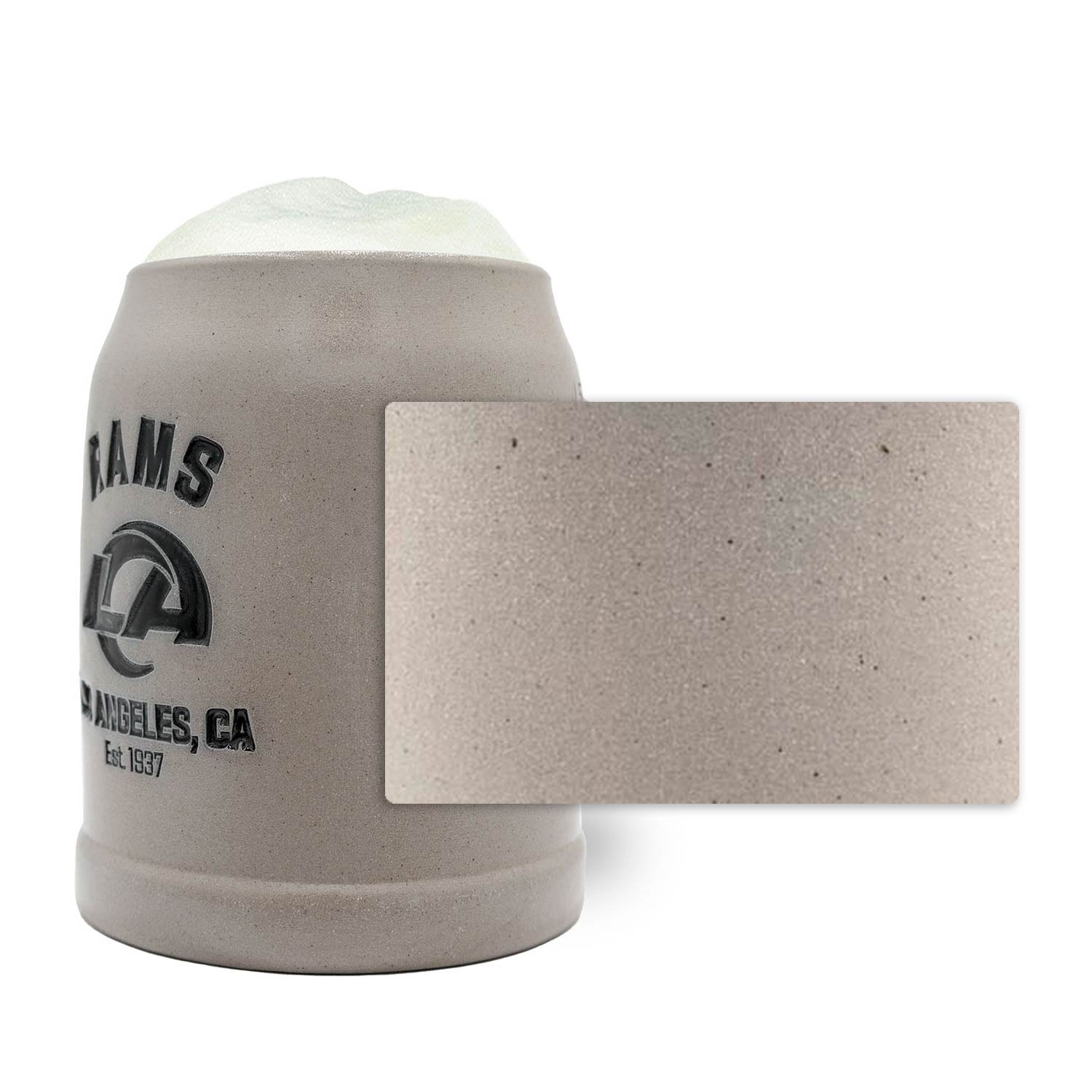 Steinkrug in klassischer Bierkrugform mit Los Angeles Rams-Logo und optional graviertem Zinndeckel, 0,5 Liter.