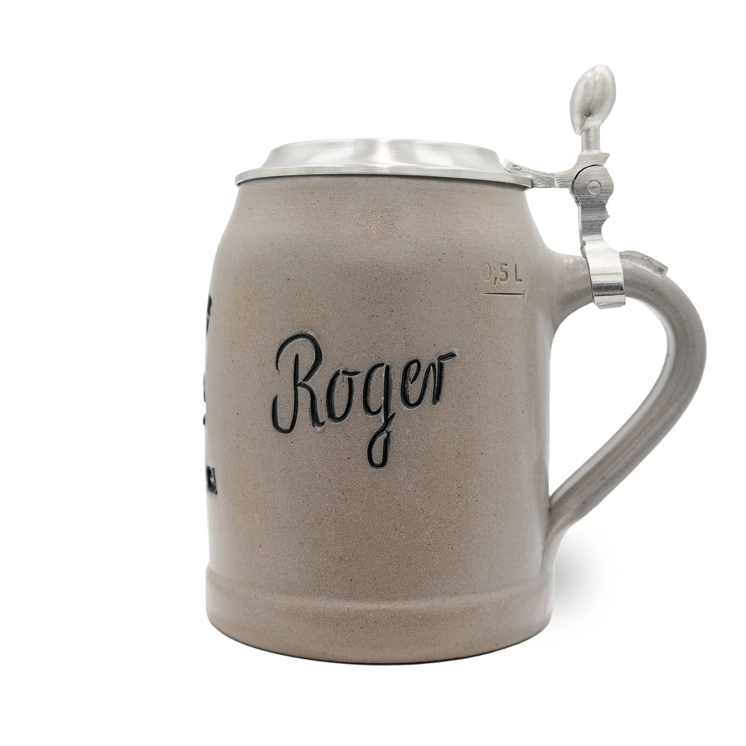 Traditionell gefertigter Bierkrug mit Los Angeles Rams Logo, Zinndeckel und individueller Gravur, 0,5 Liter, Steinzeug.