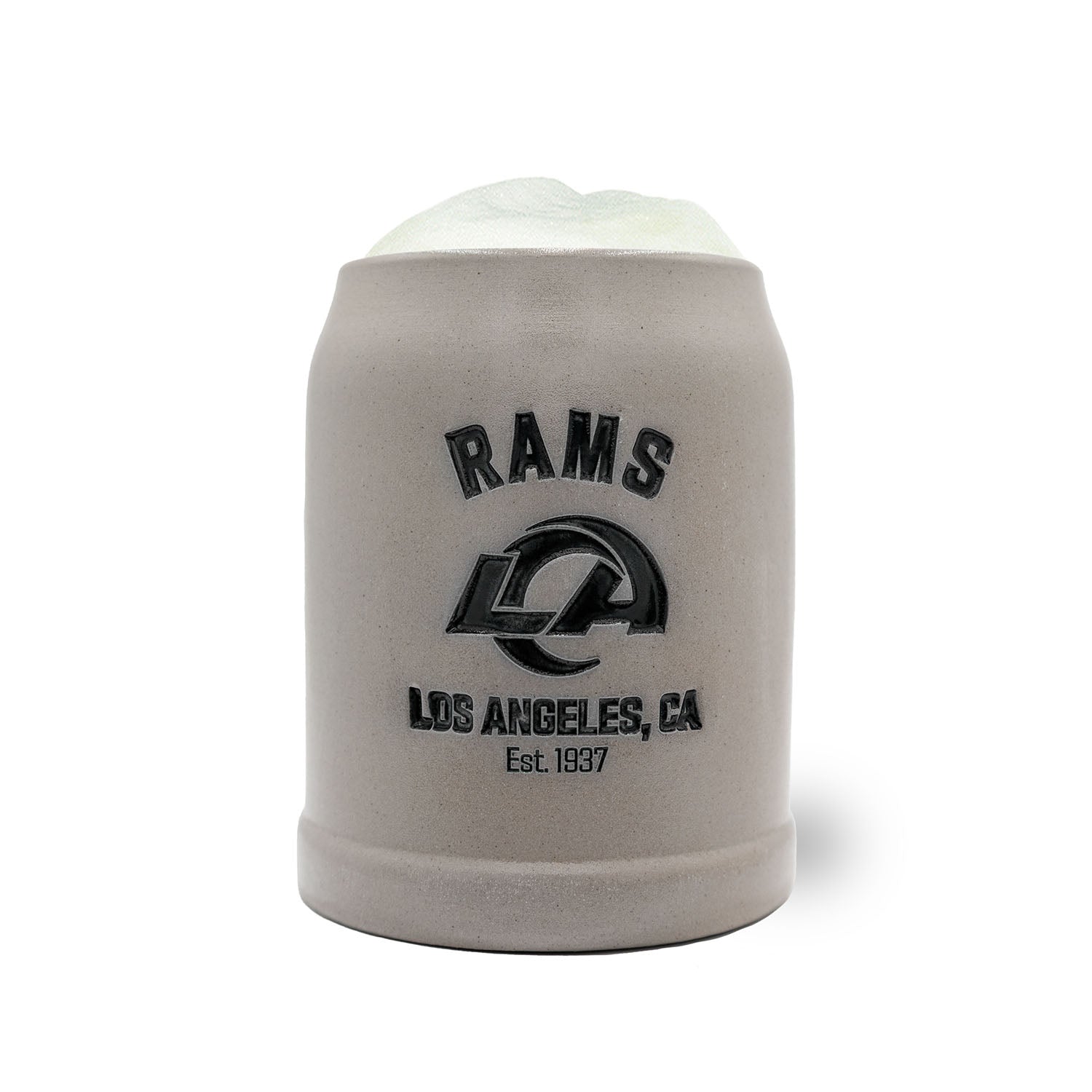 Hochwertiger Bierkrug mit Los Angeles Rams Logo, Schriftzug und Wappen, in traditioneller Steinkrug-Form, 0,5 L.