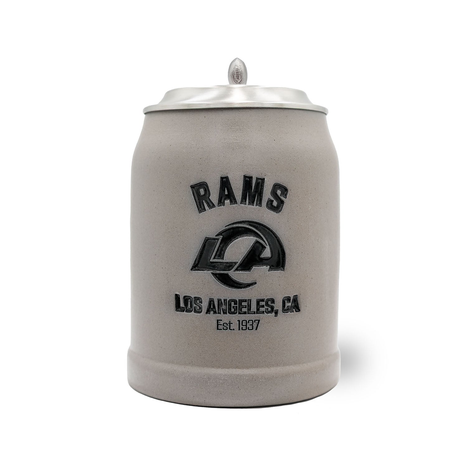 Traditioneller Steinkrug mit Los Angeles Rams Logo, fein graviertem Zinndeckel und optionaler Personalisierung, 0,5 l.