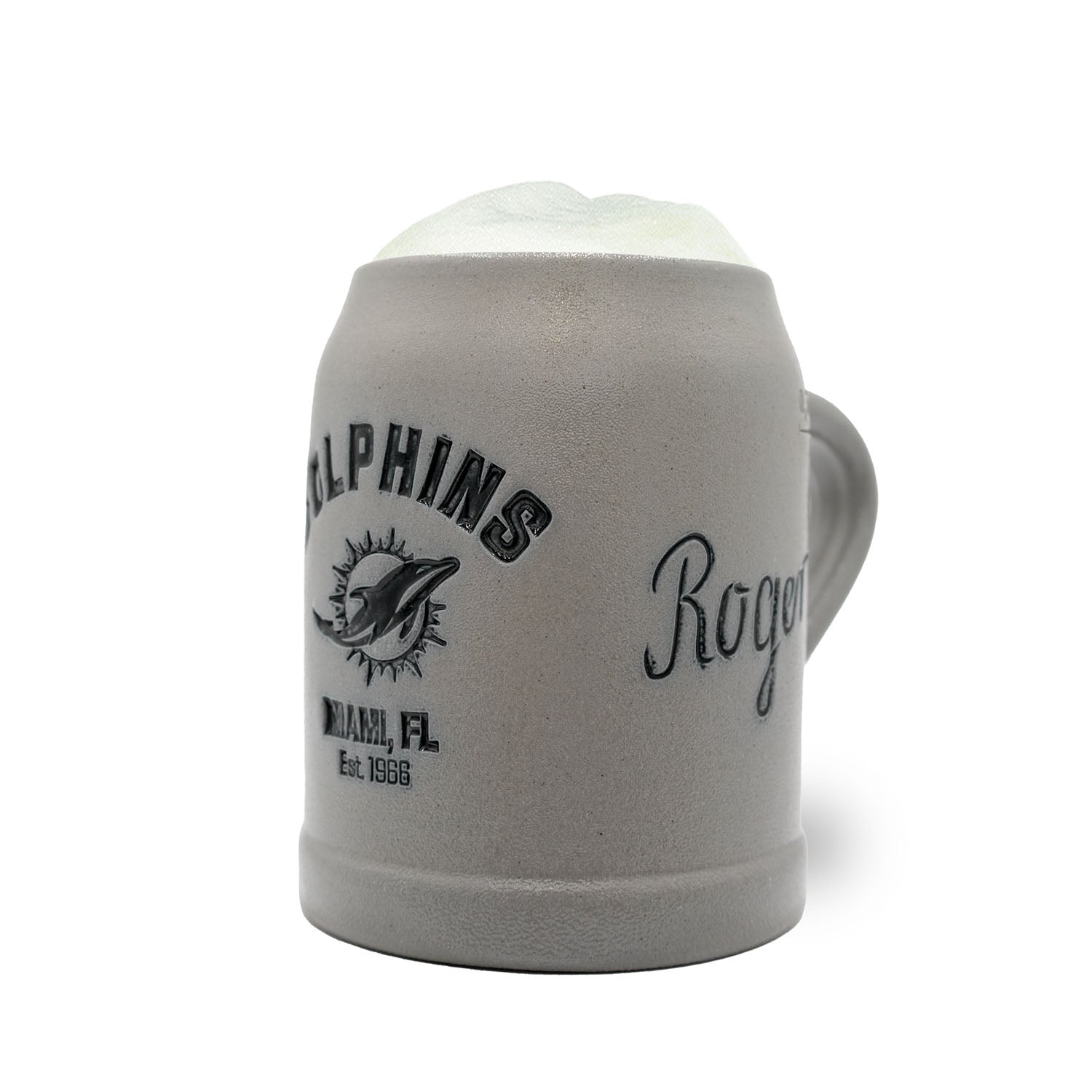 Steinkrug mit sichtbarem Miami Dolphins-Logo, optional gravierbar, traditionell gefertigt, 0,5 Liter, mit Zinndeckel.