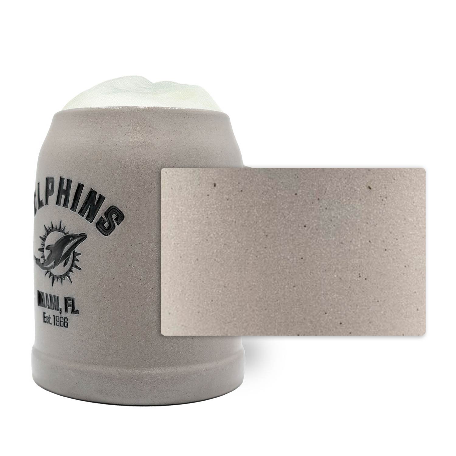 Hochwertiger Steinkrug mit graviertem Miami Dolphins Logo, optionalem Zinndeckel und Gravur, Fassungsvermögen 0,5 l.