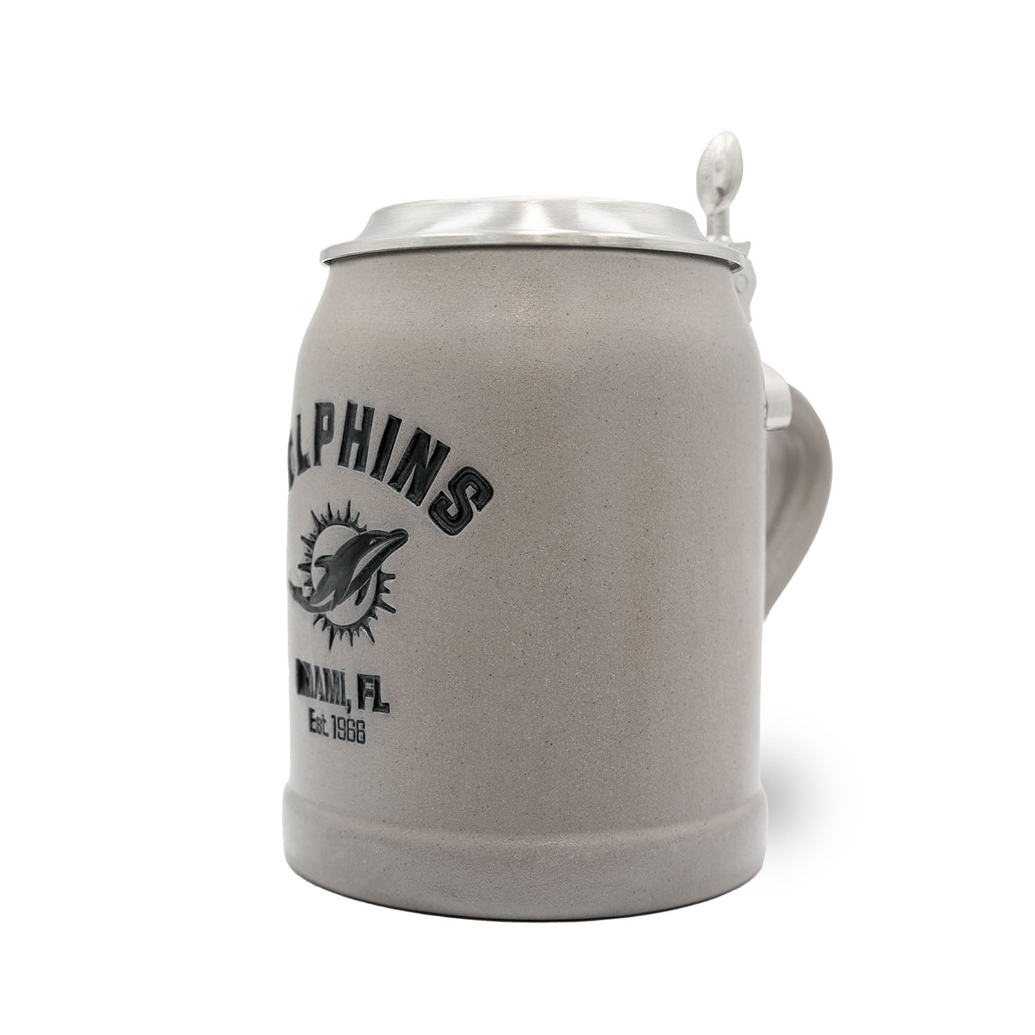 Hochwertiger Bierkrug mit Miami Dolphins Logo, Zinndeckel mit NFL-Schriftzug, traditionell gefertigt, 0,5 l Steingut.