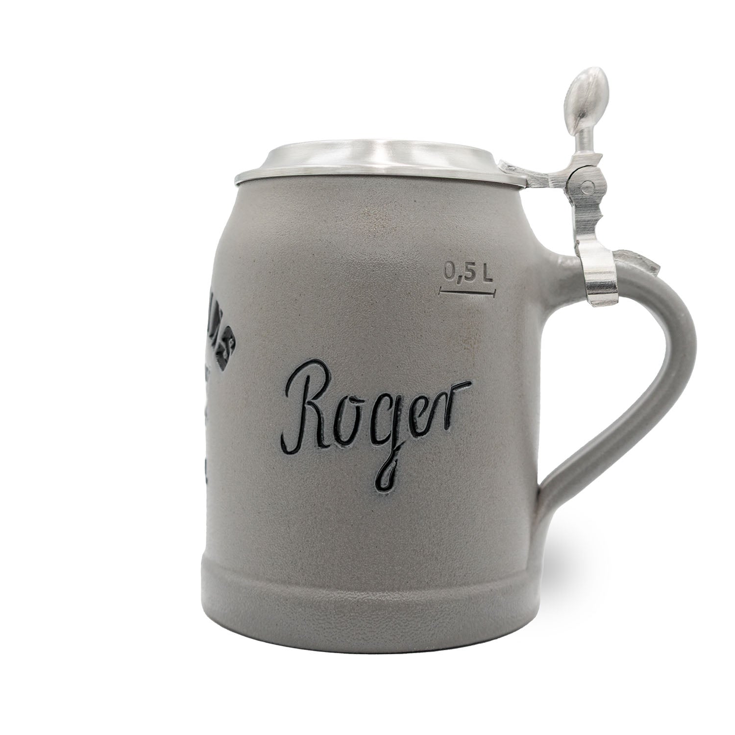 Hochwertiger Steinkrug mit Miami Dolphins Logo, Zinndeckel und individueller Gravur, 0,5 L, handgefertigt in Deutschland.