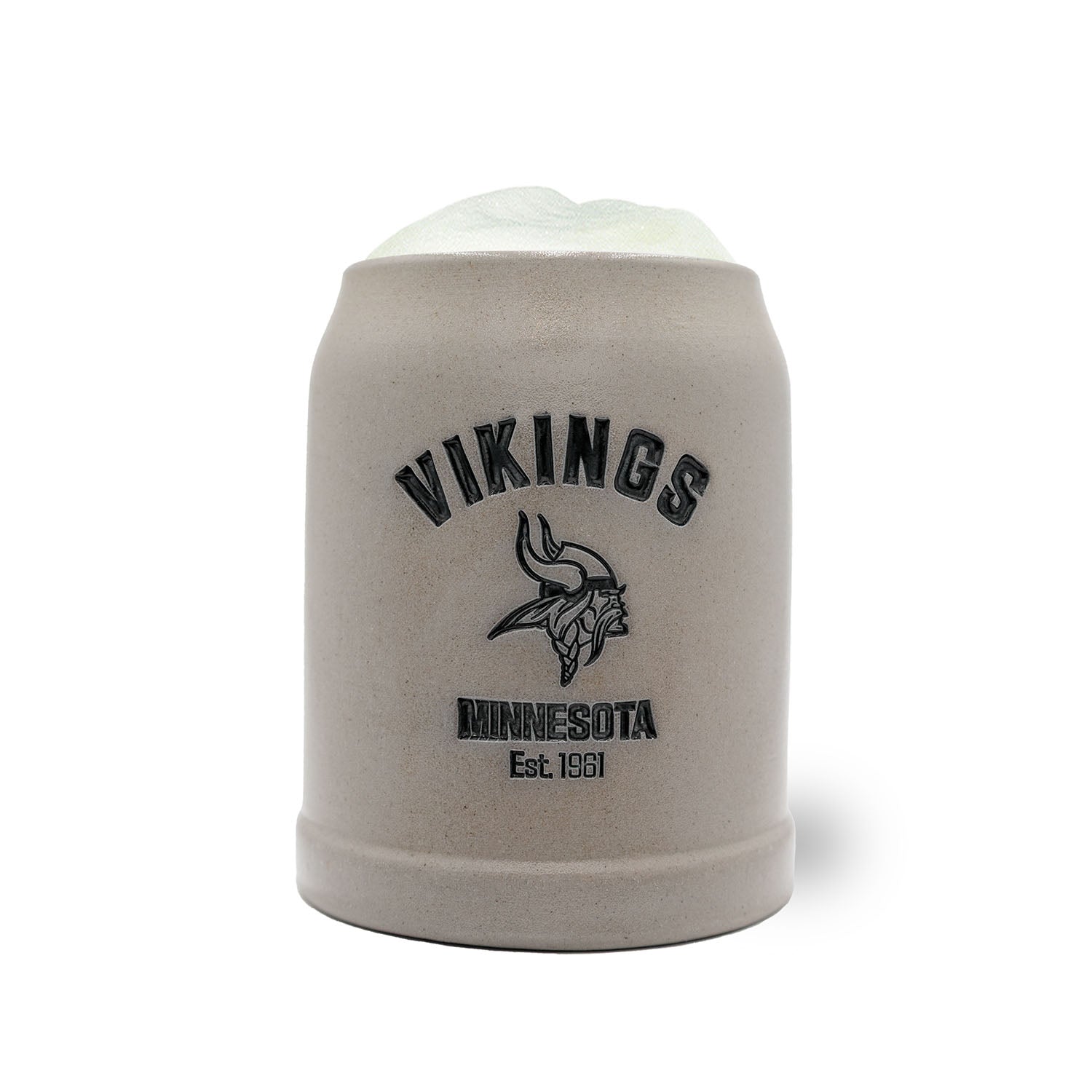 Handgefertigter NFL Bierkrug mit Minnesota Vikings Logo, optional personalisierbar, aus Stein, Inhalt 0,5 Liter.