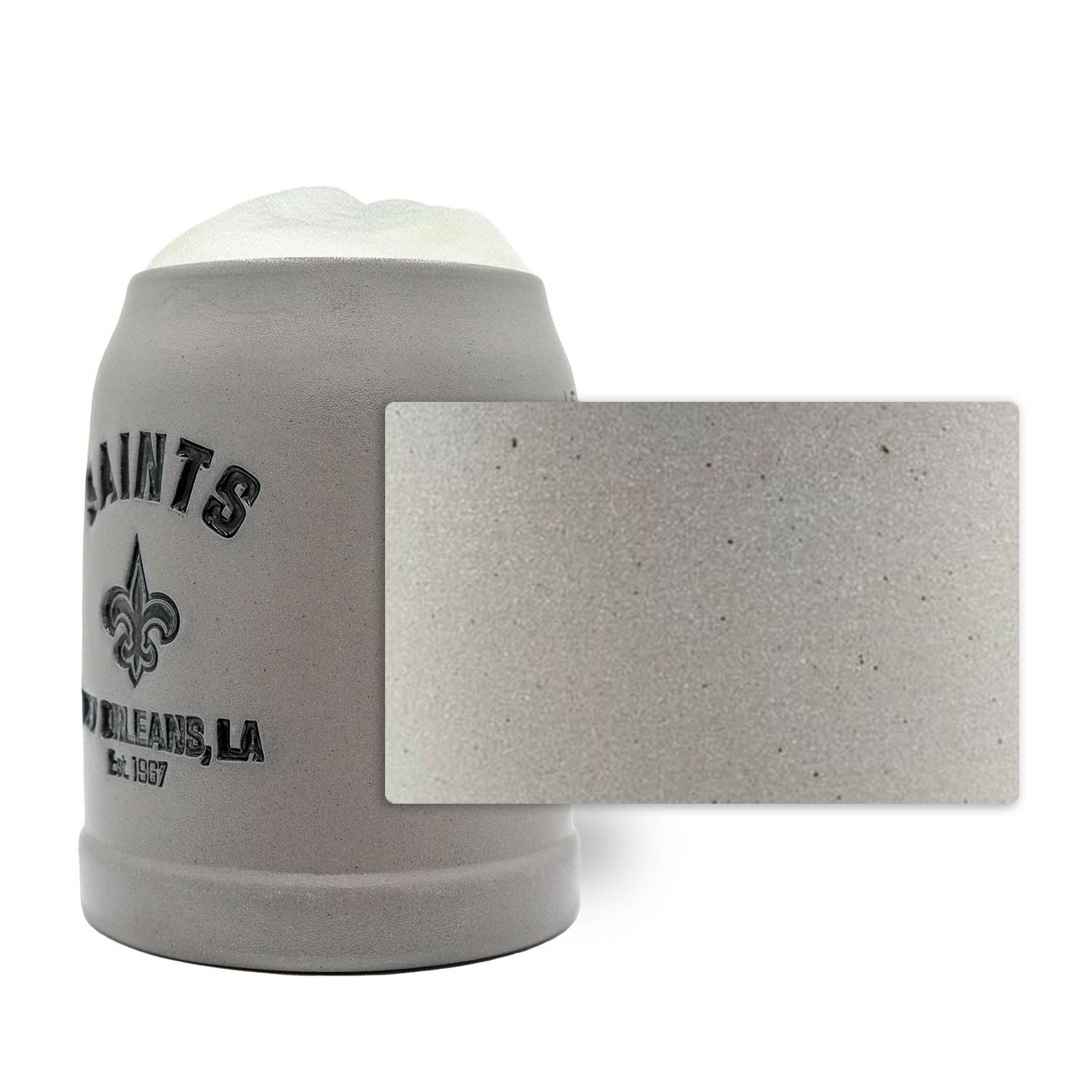 Steinkrug mit NFL-Logo der New Orleans Saints, optionalem Zinndeckel und individueller Gravur, 0,5 Liter.