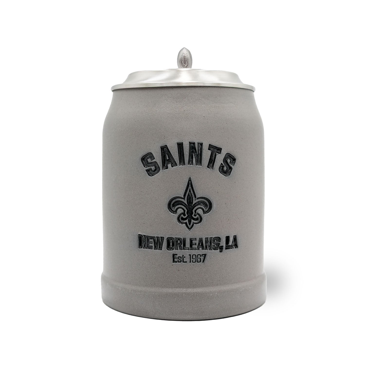 Hochwertiger Steinkrug mit NFL-Teamlogo der New Orleans Saints, Zinndeckel und optionaler Gravur, 0,5 l.