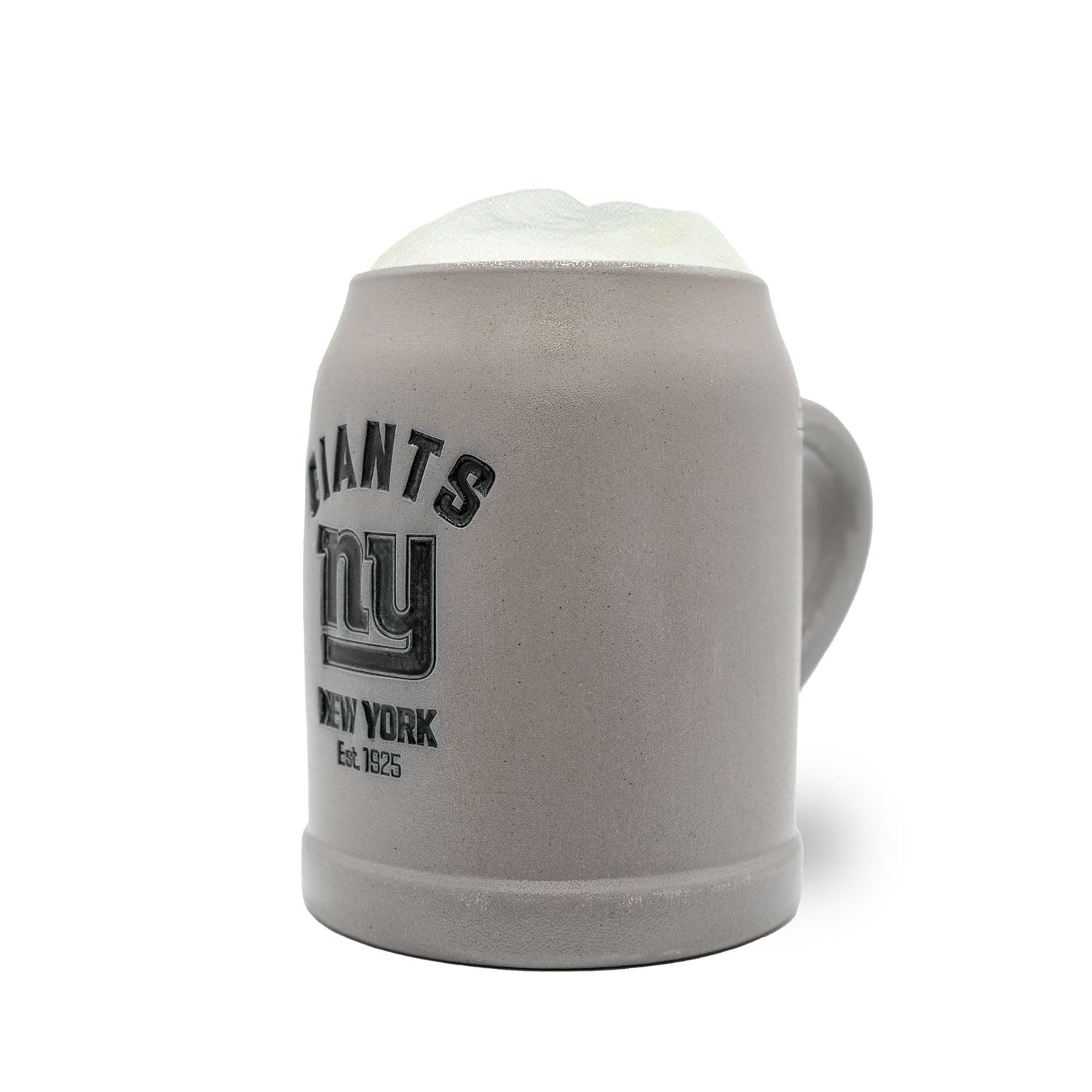 Hochwertiger Steinkrug mit erhabenem New York Giants Logo, gravierbarem Zinndeckel und bauchiger Form, 0,5 L.