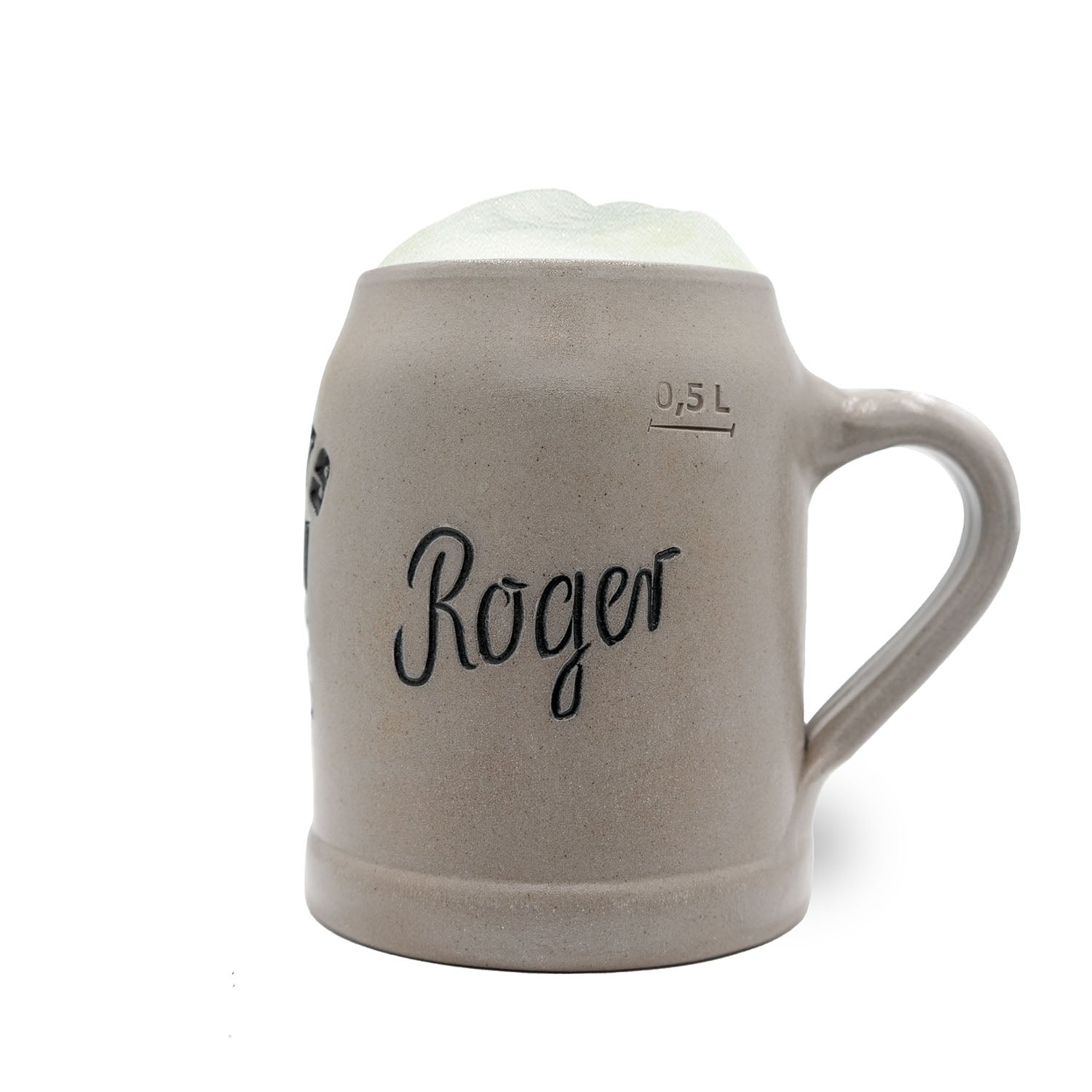 Halbglasierter Steinkrug mit New York Giants Logo, optional mit persönlicher Gravur und Zinndeckel, 0,5 l.