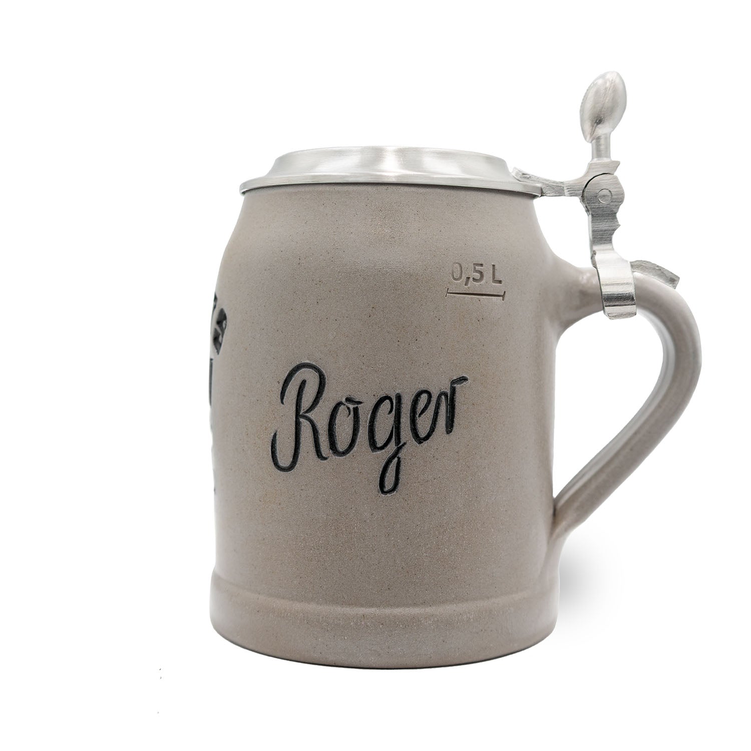 Hochwertiger Steinkrug mit graviertem New York Giants NFL-Logo, Zinndeckel und personalisierbarem Namensfeld, 0,5 l.