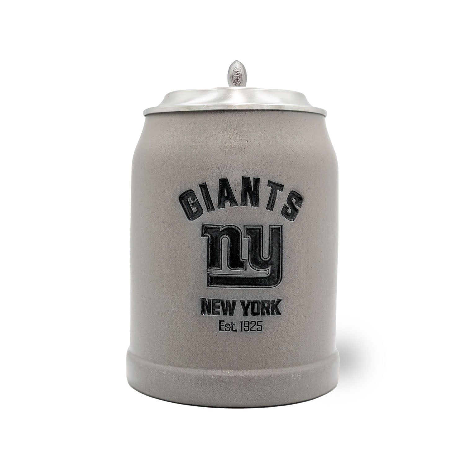 Traditioneller Bierkrug aus Steinzeug mit New York Giants Logo und graviertem Zinndeckel, 0,5 Liter.