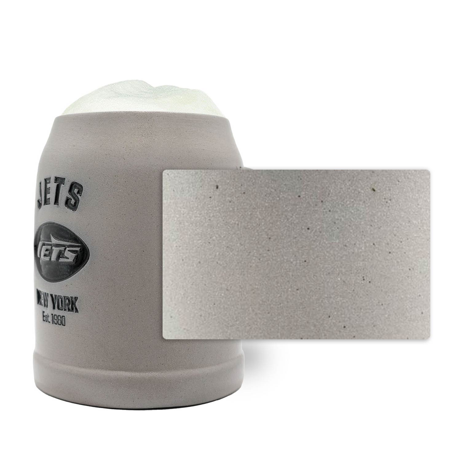 Steinbierkrug mit New York Jets Logo, Gravurfläche und optionalem Zinndeckel, Fassungsvermögen 0,5 Liter.