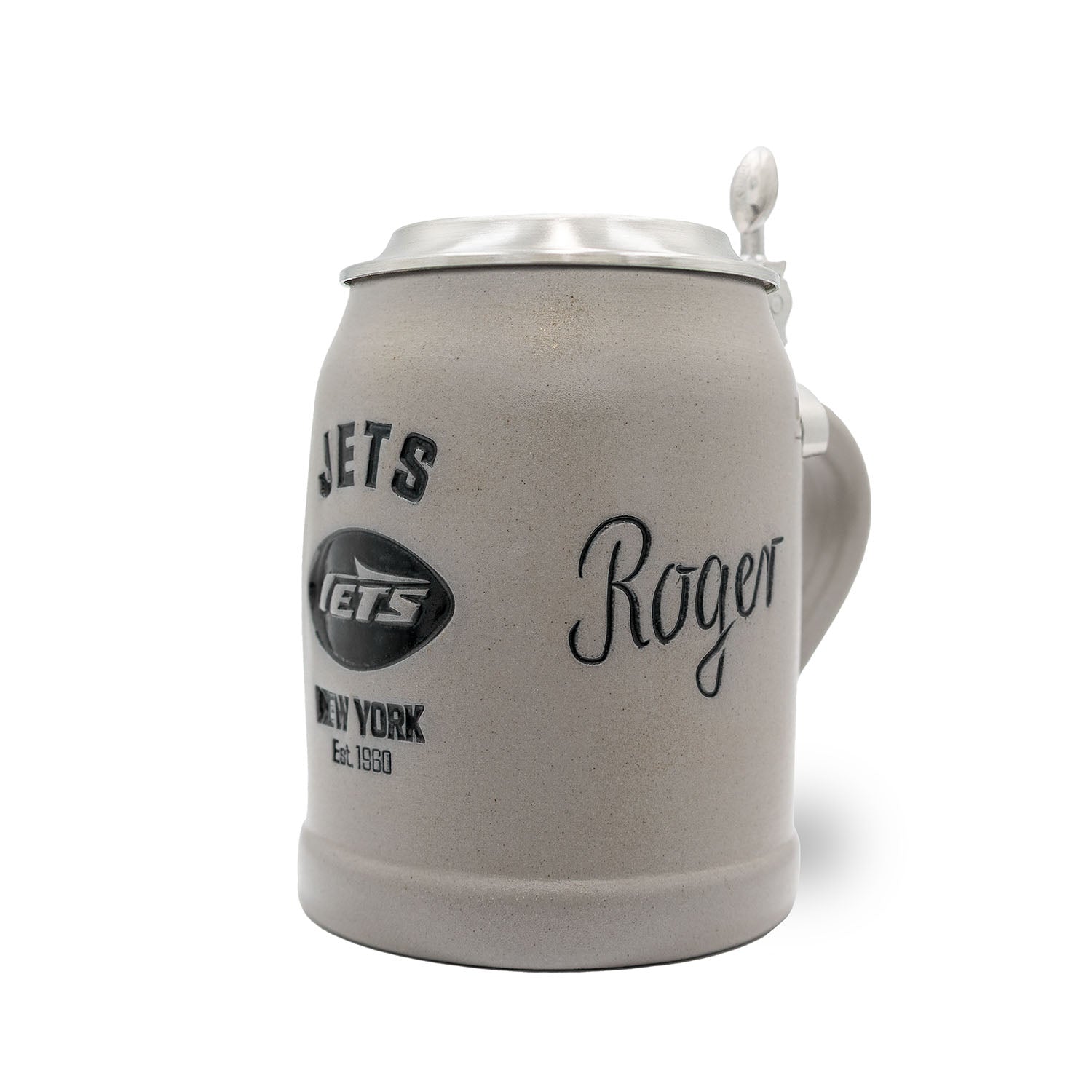 Hochwertiger Steinkrug mit New York Jets Logo, optionalem Zinndeckel und personalisierbarer Gravur, 0,5 Liter.