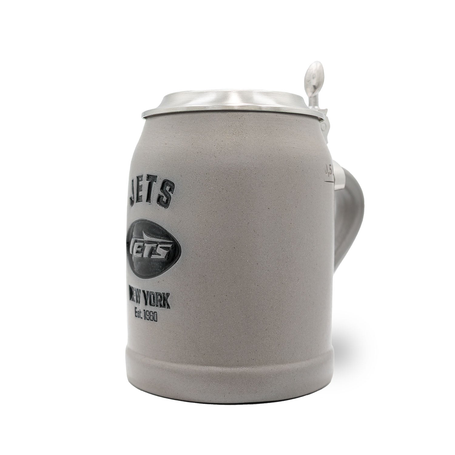 Hochwertiger NFL Bierkrug mit New York Jets Logo, Zinndeckel und Gravurfläche, aus Keramik, 0,5 Liter.