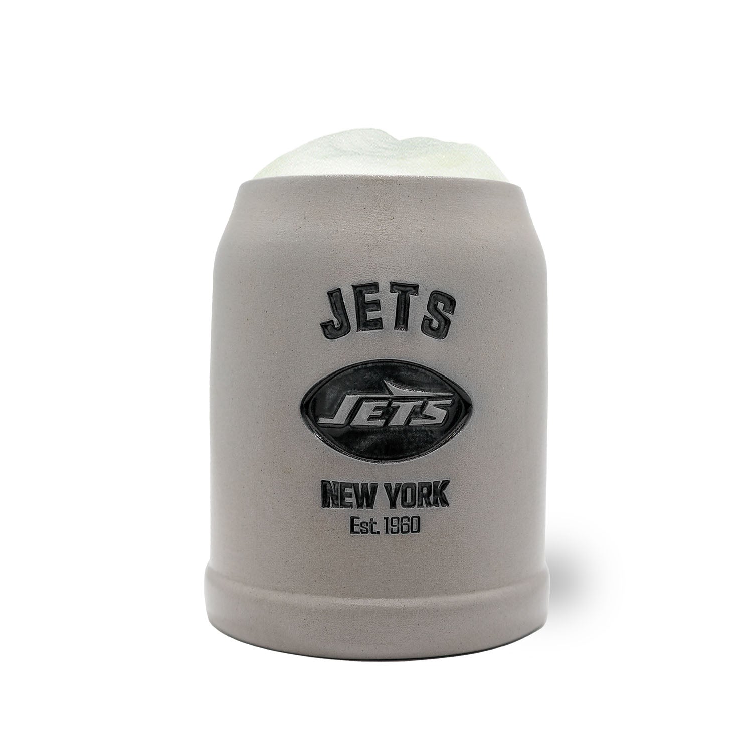 Steinkrug mit New York Jets Logo und NFL-Schriftzug, gravierbar, mit Zinndeckel, Fassungsvermögen 0,5 L