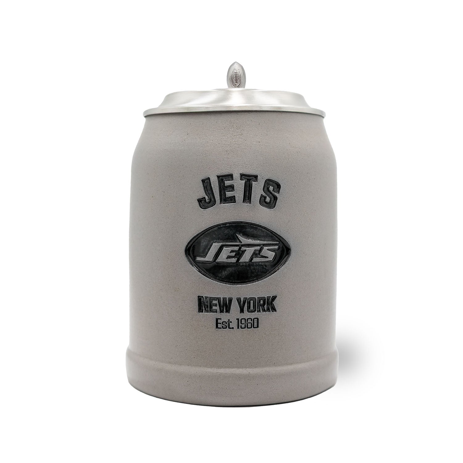 Steinkrug mit offiziellem New York Jets Logo, Zinndeckel mit Gravurfläche, traditionell gefertigt aus Keramik, 0,5 l.