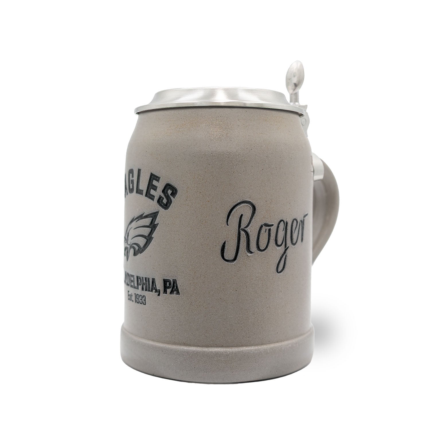 Traditioneller Bierkrug mit Philadelphia Eagles-Logo, Zinndeckel, Schriftzug, optional personalisiert, 0,5 l, Keramik.