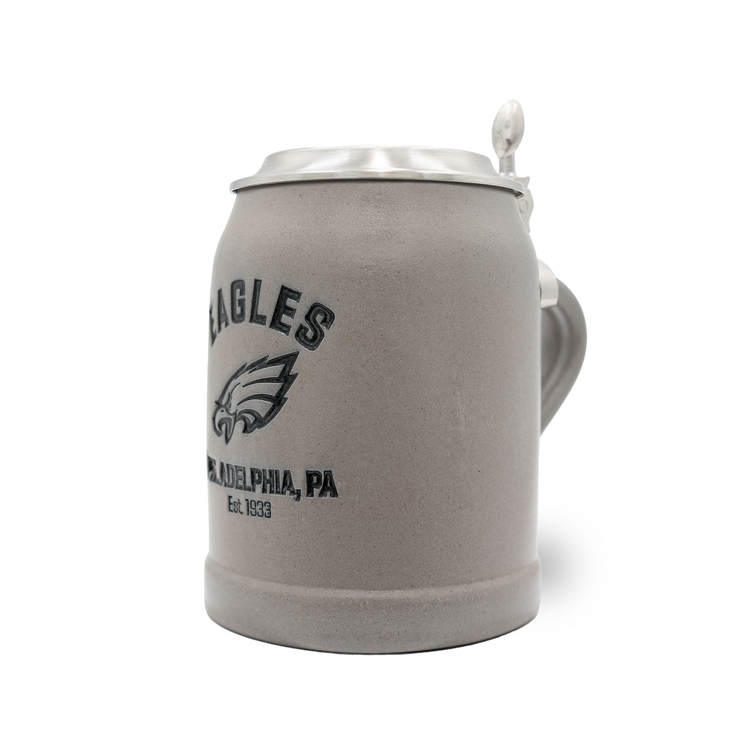 Steinkrug mit Philadelphia Eagles-Logo, Henkel und Zinndeckel, optional mit individueller Gravur, 0,5 l.
