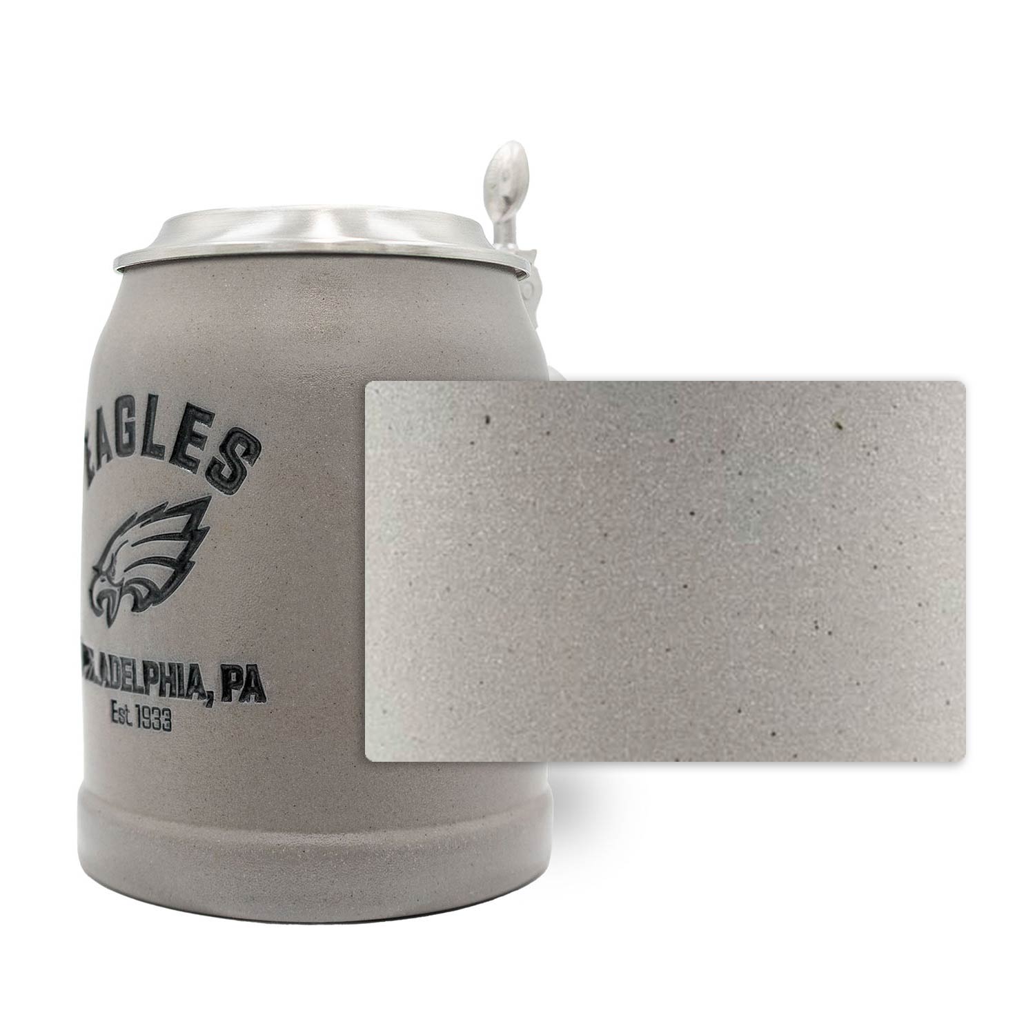 Hochwertiger NFL Bierkrug "Philadelphia Eagles" aus Steinzeug mit Zinndeckel und Gravuroption, 0,5 Liter.