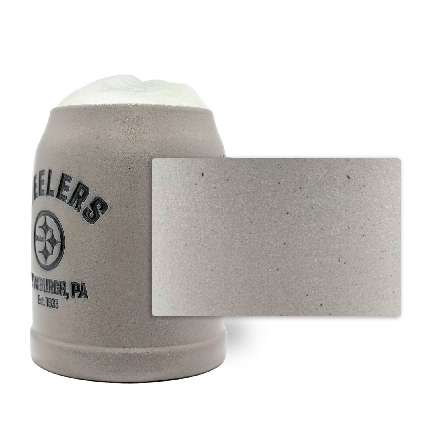 Steinkrug mit Pittsburgh Steelers Logo, gravierbar, handgefertigt, 0,5 l, optional mit Zinndeckel.