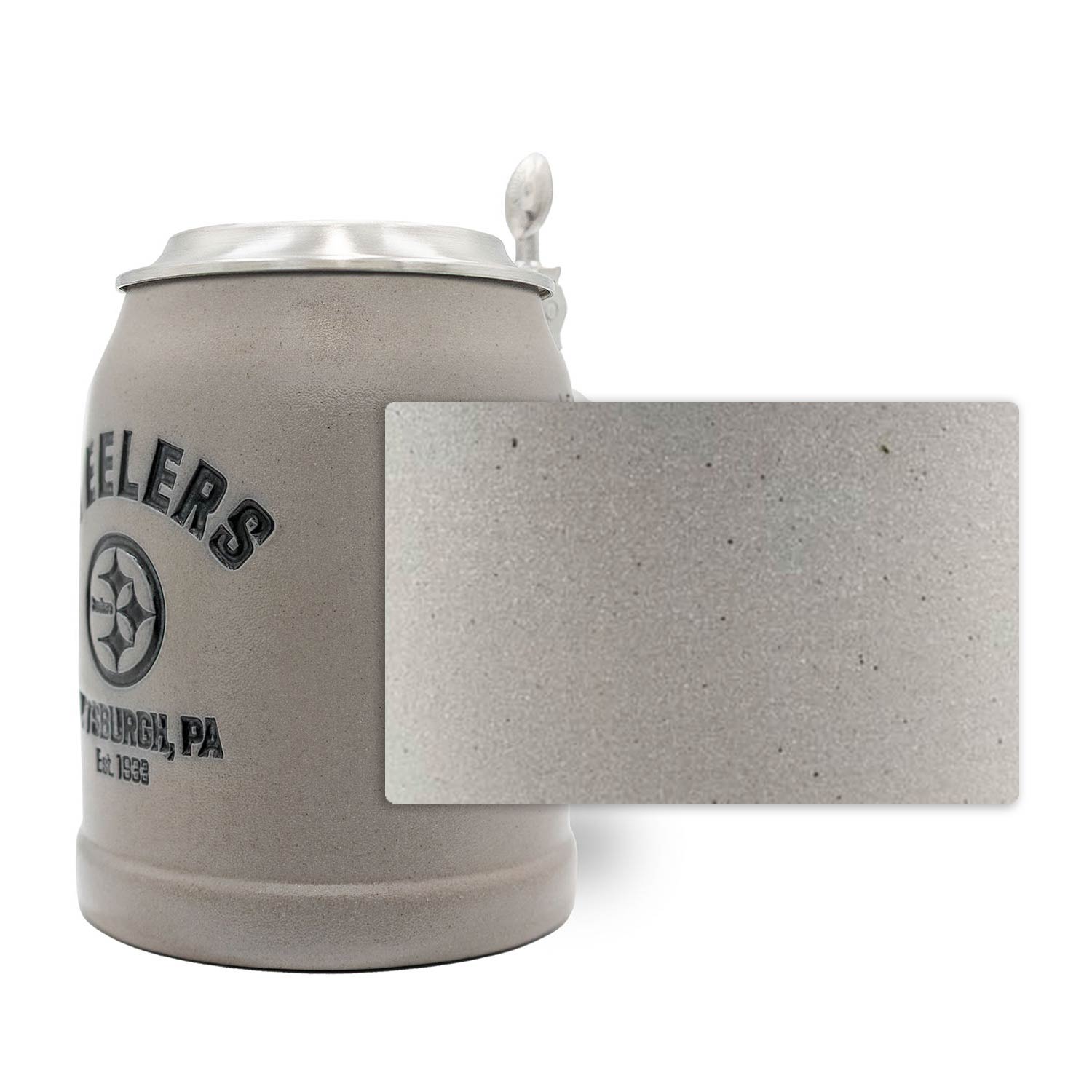 Traditioneller Bierkrug aus Steingut mit Pittsburgh Steelers Logo, Zinndeckel und optionaler Gravur, 0,5 l.