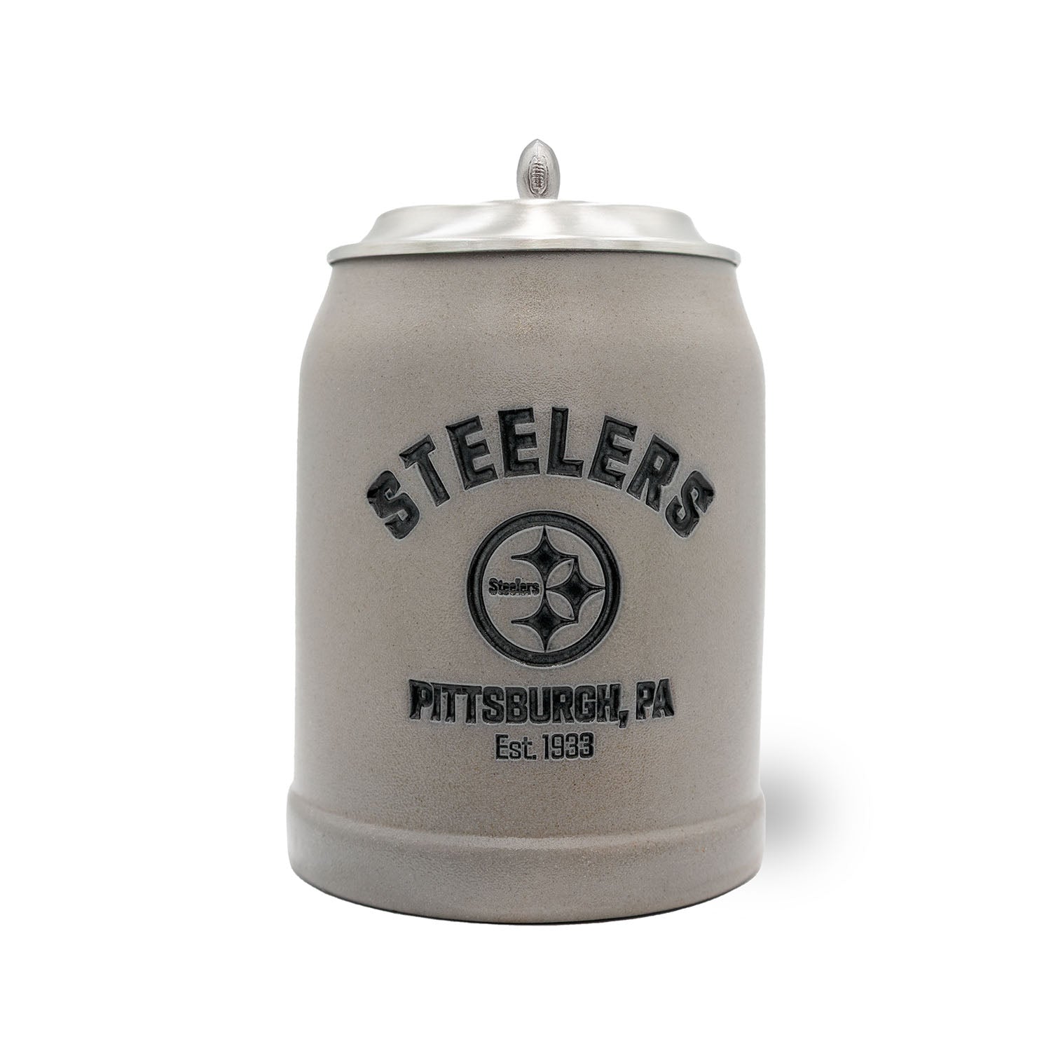Traditioneller Steinkrug mit Pittsburgh Steelers Logo, Zinndeckel und optionaler Gravur, Fassungsvermögen 0,5 L.