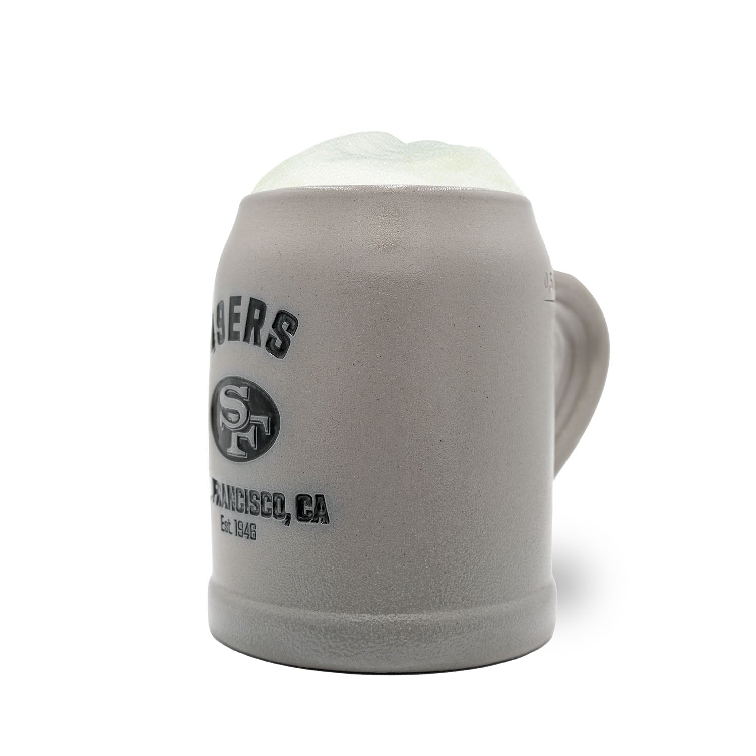 Traditioneller Steinkrug mit gold-rotem San Francisco 49ers Logo, Henkel und optionalem Zinndeckel, 0,5 Liter.