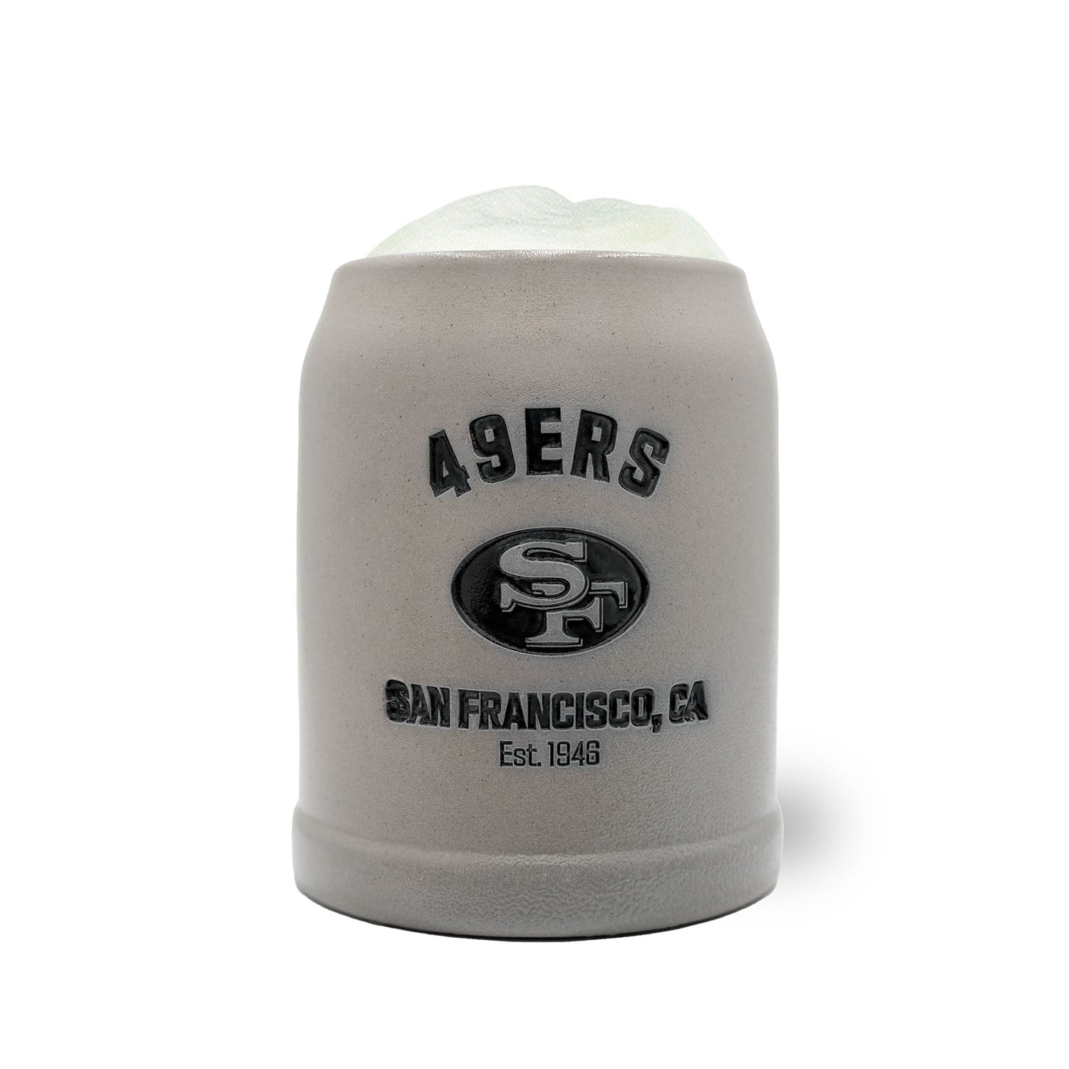 Steinkrug aus Keramik mit geprägtem San Francisco 49ers-Logo, rotem NFL-Wappen und optionalem Zinndeckel, 0,5 l.