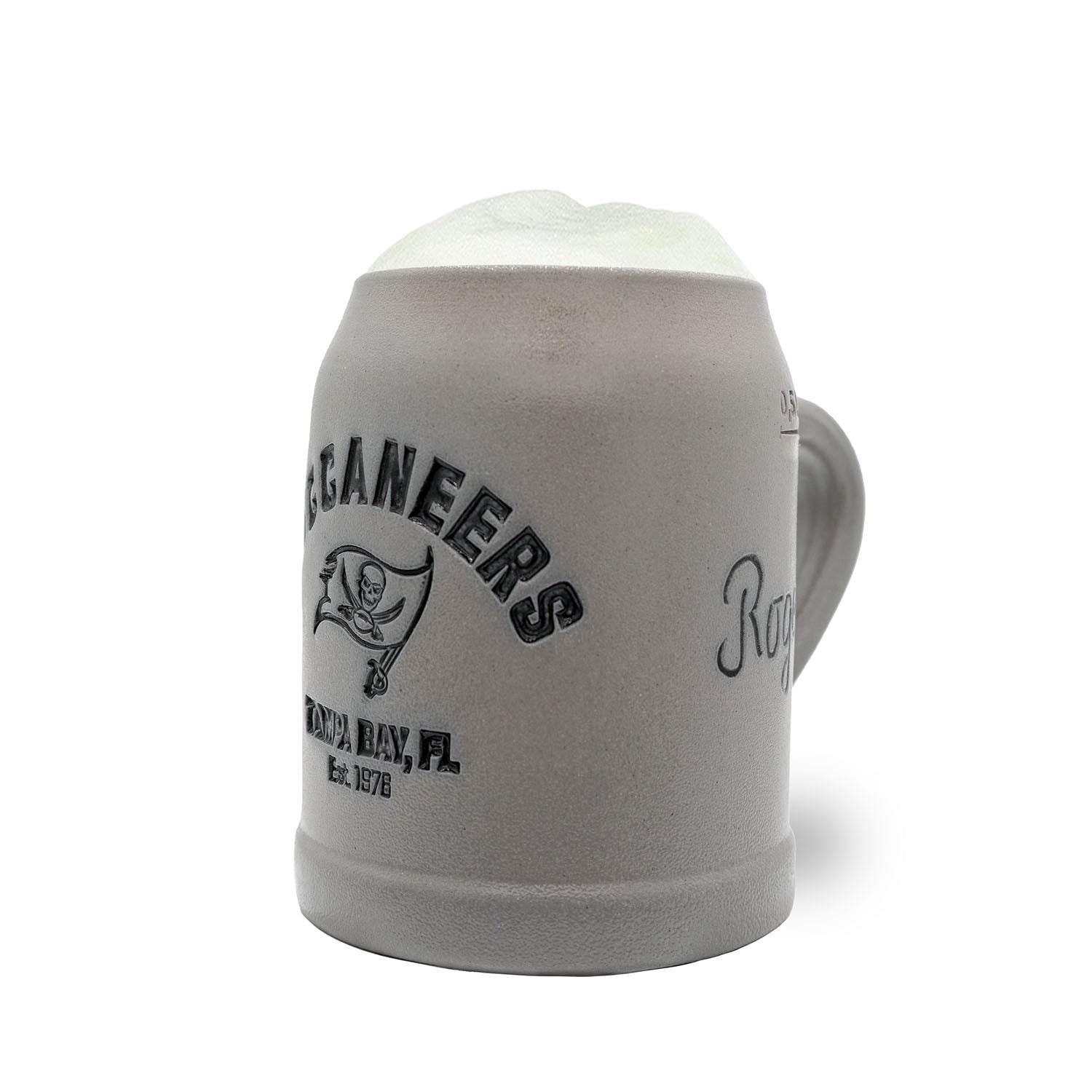 Steinkrug mit Tampa Bay Buccaneers-Logo, optional personalisiert, mit oder ohne Zinndeckel, 0,5 l.