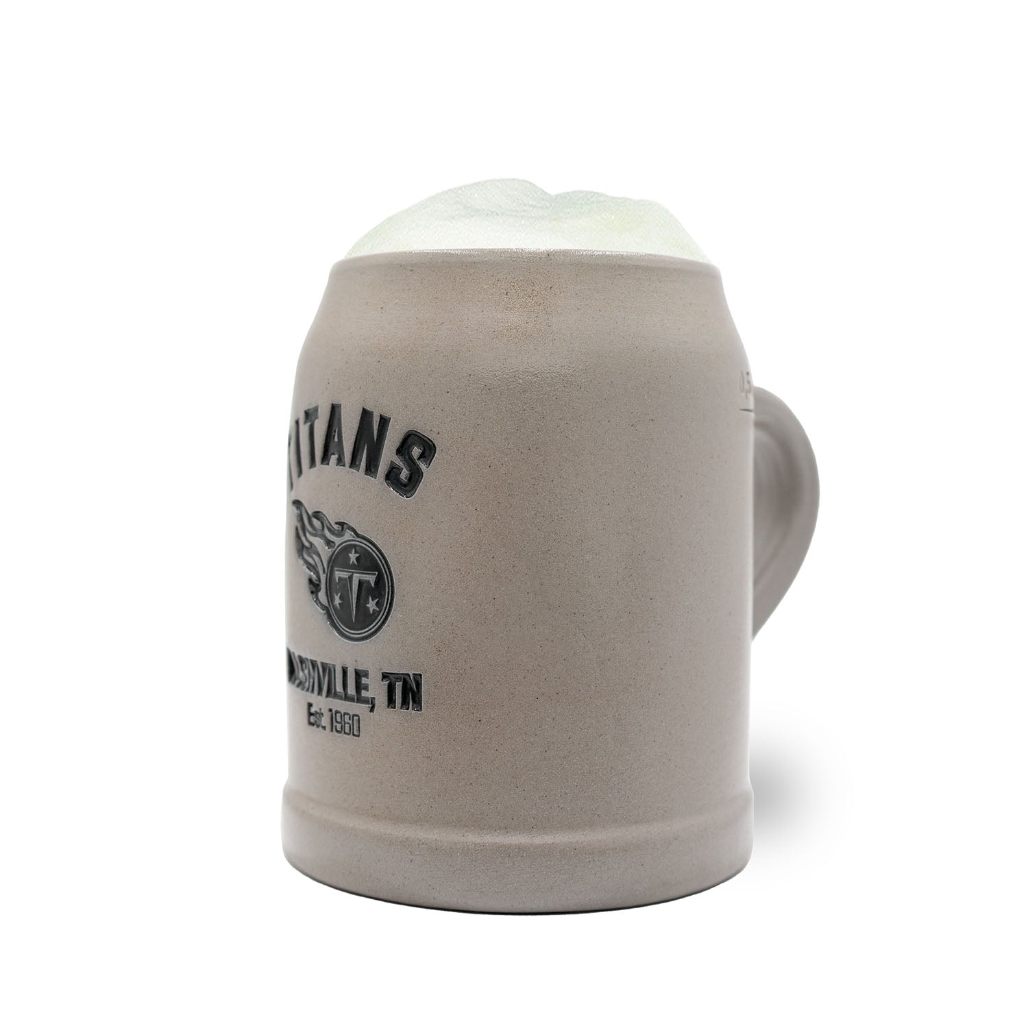 Handgefertigter Steinkrug mit Tennessee Titans Logo und optionalem Zinndeckel, Fassungsvermögen 0,5 Liter.