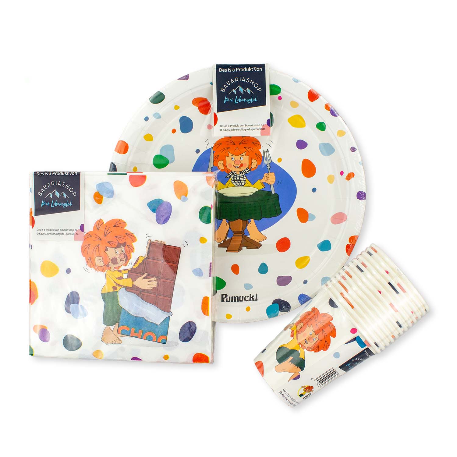 Pumuckl Party-Set mit bunten Papptellern, Bechern und Servietten im Comic-Design aus Papier, 48-teilig.