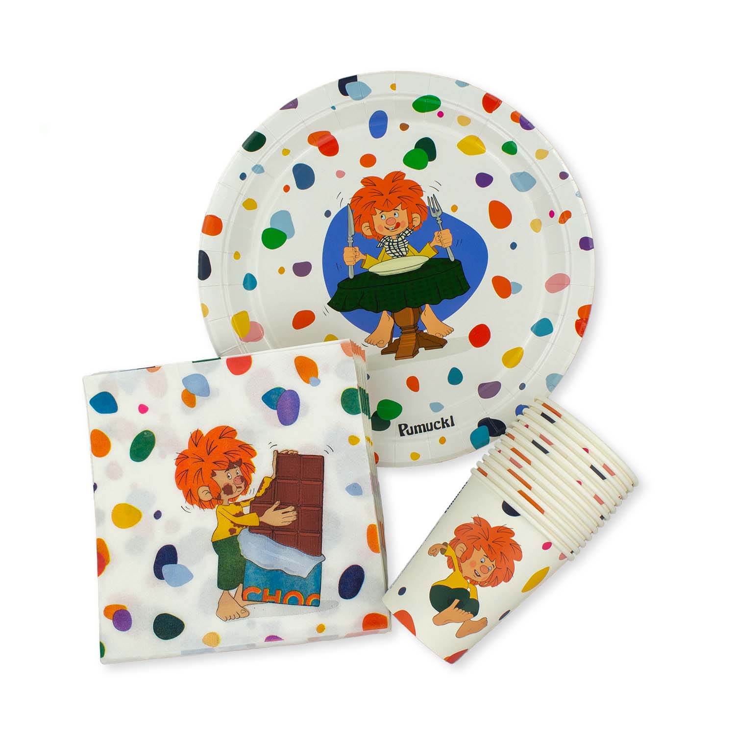 Kinder-Partyset mit Pumuckl-Motiv, bestehend aus runden Papptellern, Bechern und bedruckten Servietten, 48-teilig.