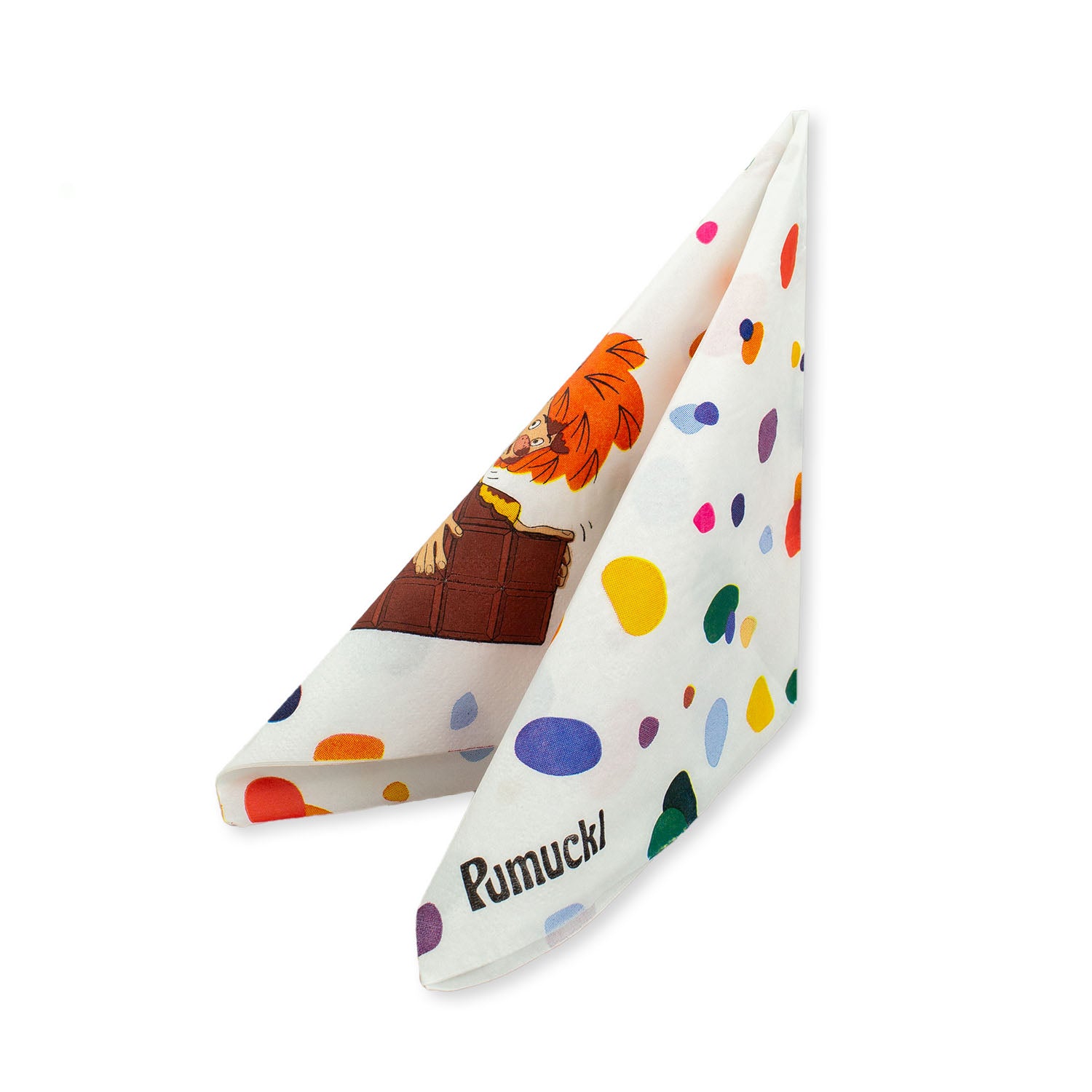 Kinder-Partyset mit bunten Papptellern, Pappbechern und Servietten mit Pumuckl-Motiv, 48-teilig aus Pappe.