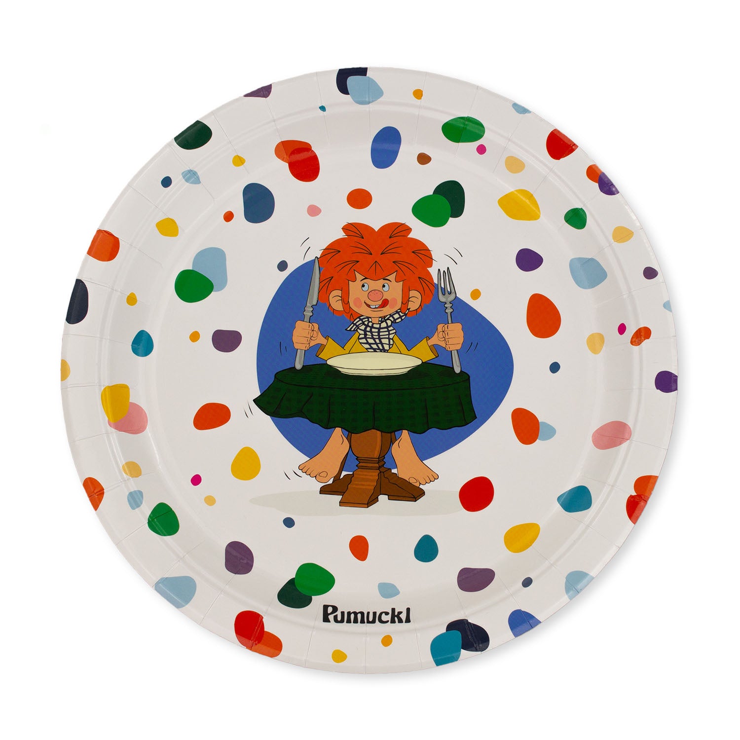 Offizielles Pumuckl Party-Set mit bunten Papptellern, Bechern und Servietten, Motiv mit Pumuckl-Figur, 48-teilig.
