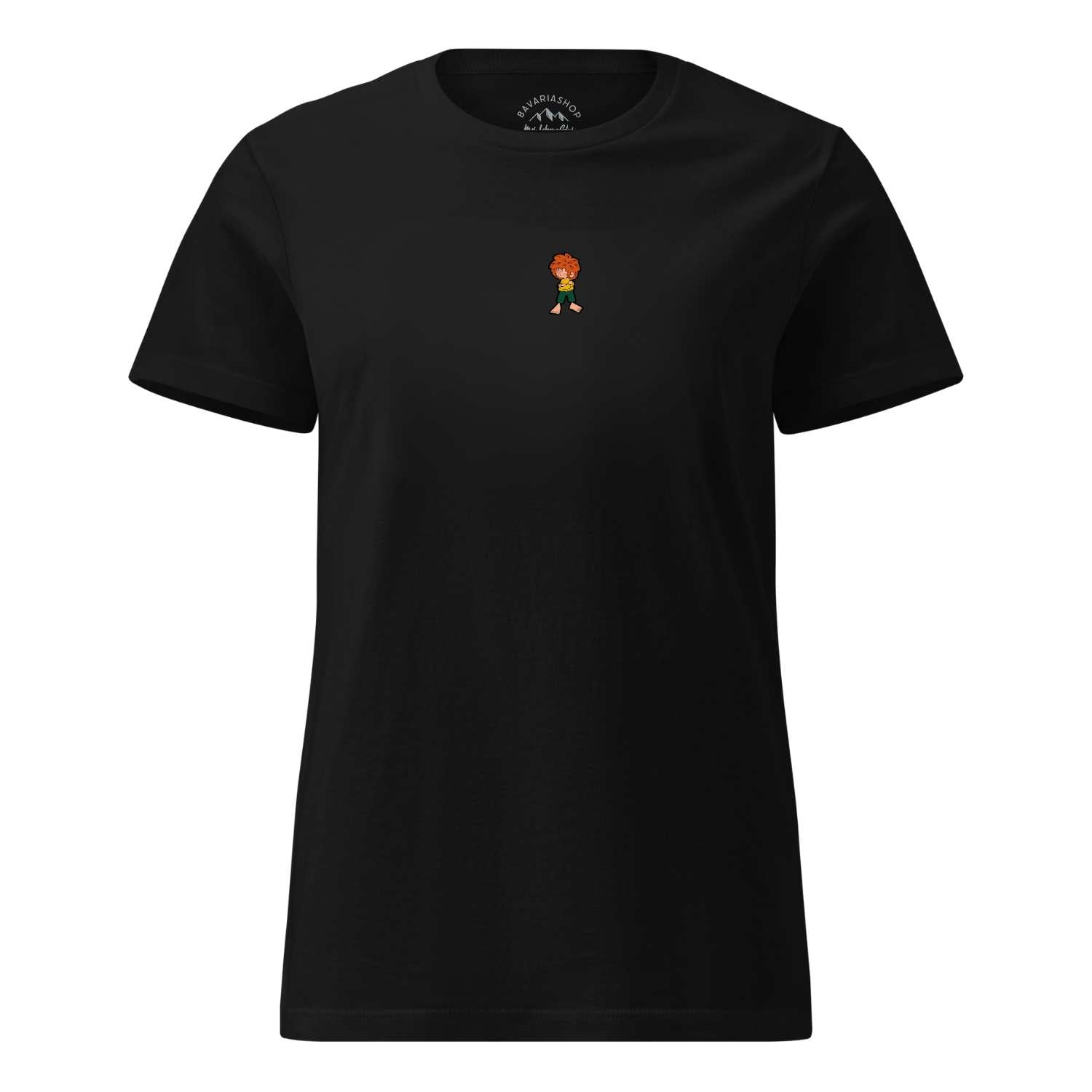 Schwarzes Damen T-Shirt mit mittig gewebtem Pumuckl-Motiv, freigestellt auf weißem Hintergrund