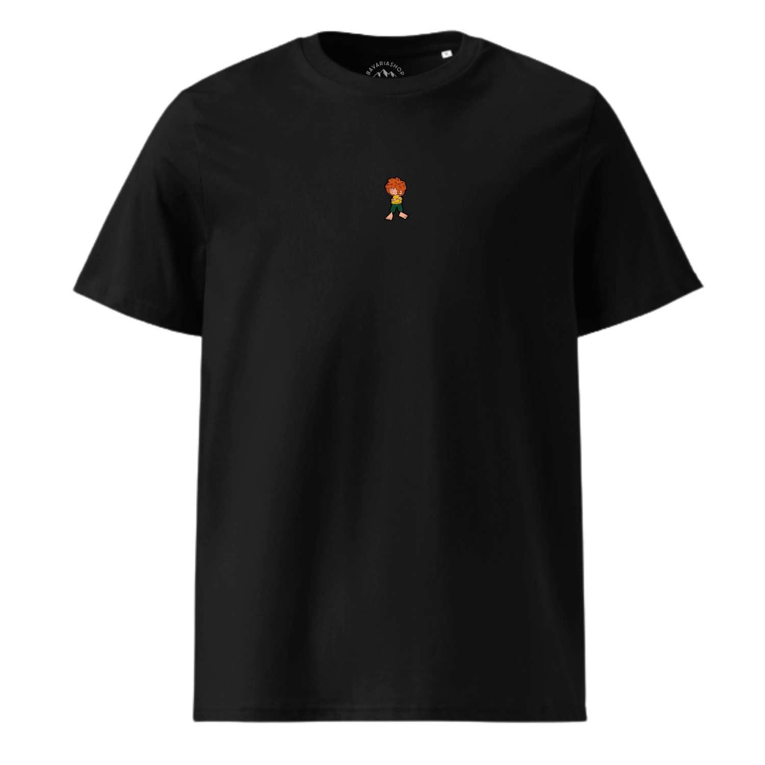 Schwarzes Herren T-Shirt mit mittig platziertem Pumuckl-Weblabel, freigestellt auf weißem Hintergrund