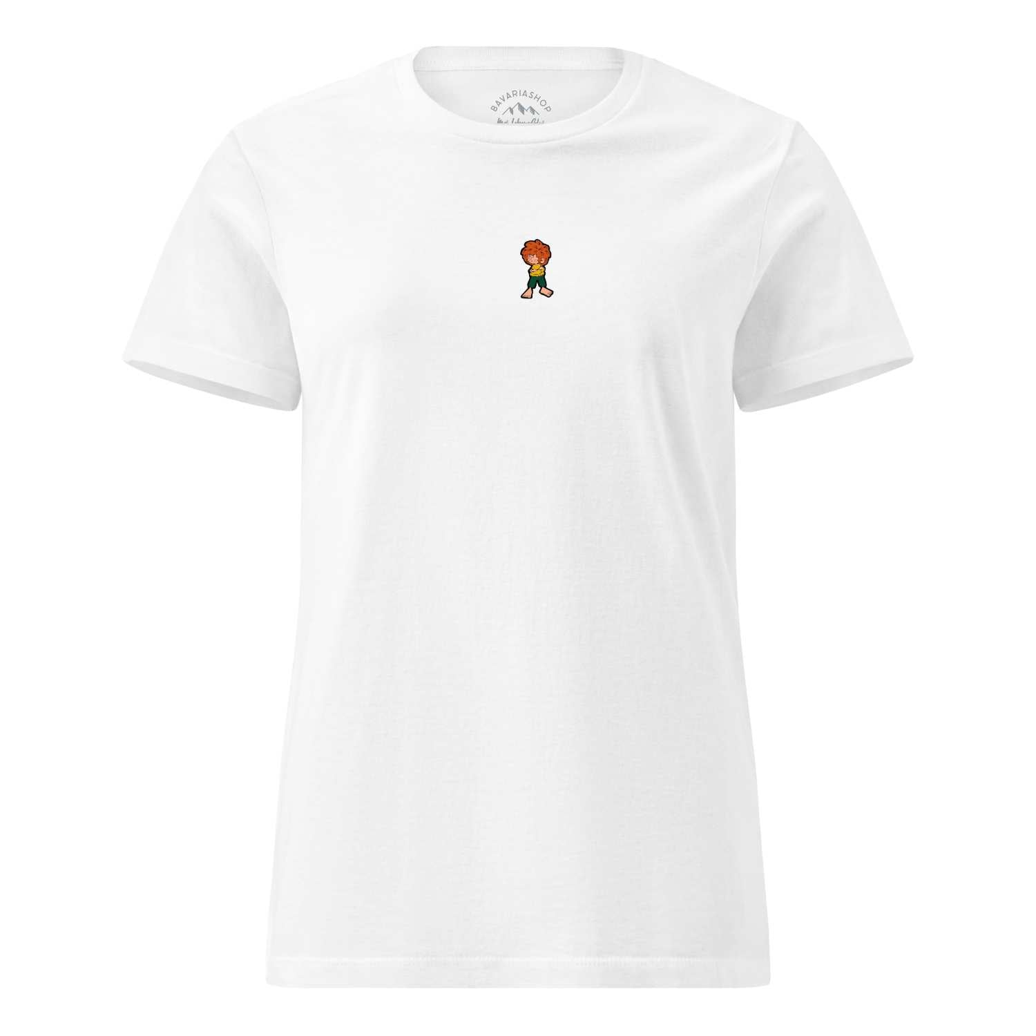 Weißes Damen T-Shirt mit mittig gewebtem Pumuckl-Motiv, freigestellt auf weißem Hintergrund