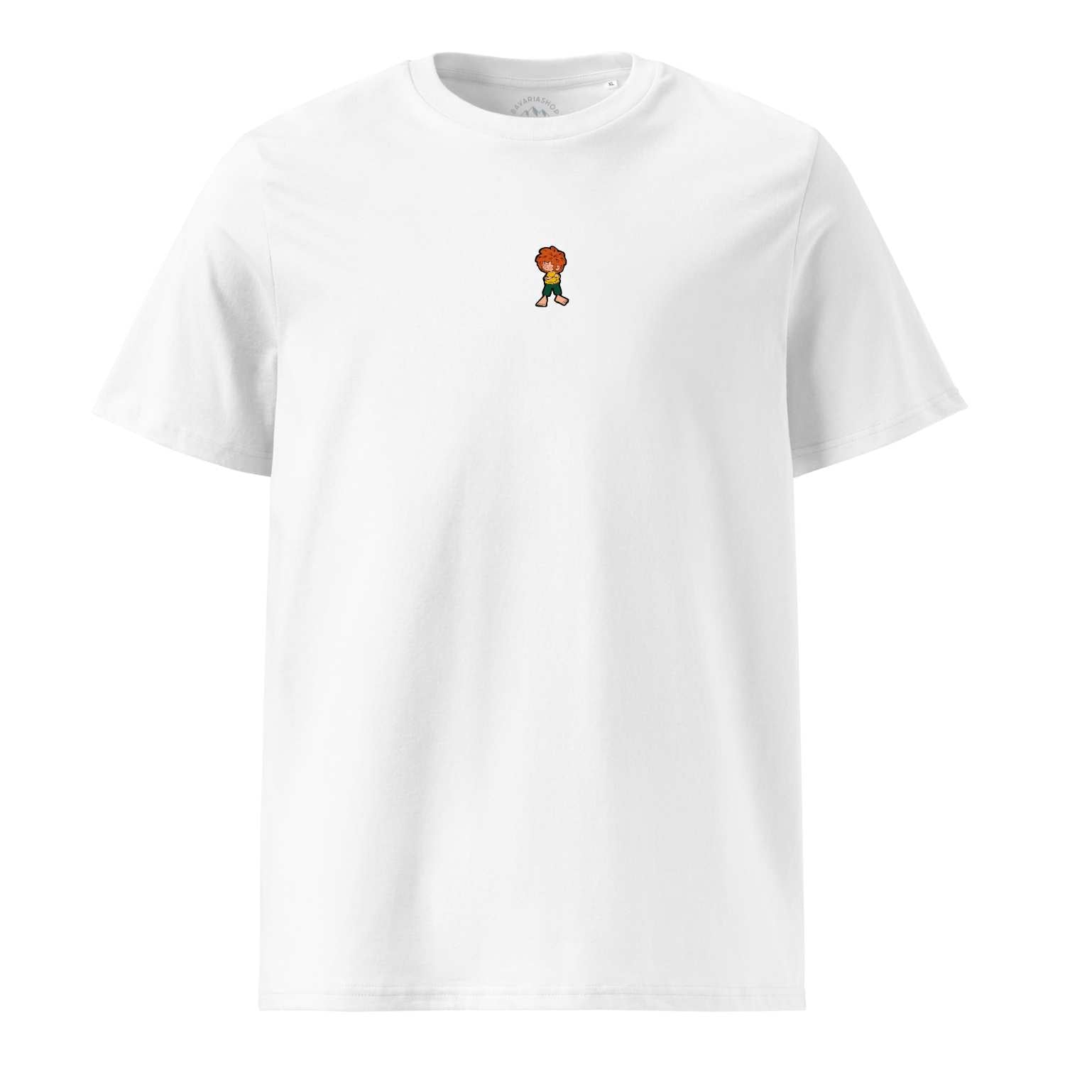 Weißes Herren T-Shirt mit mittig gewebtem Pumuckl-Motiv, freigestellt auf weißem Hintergrund