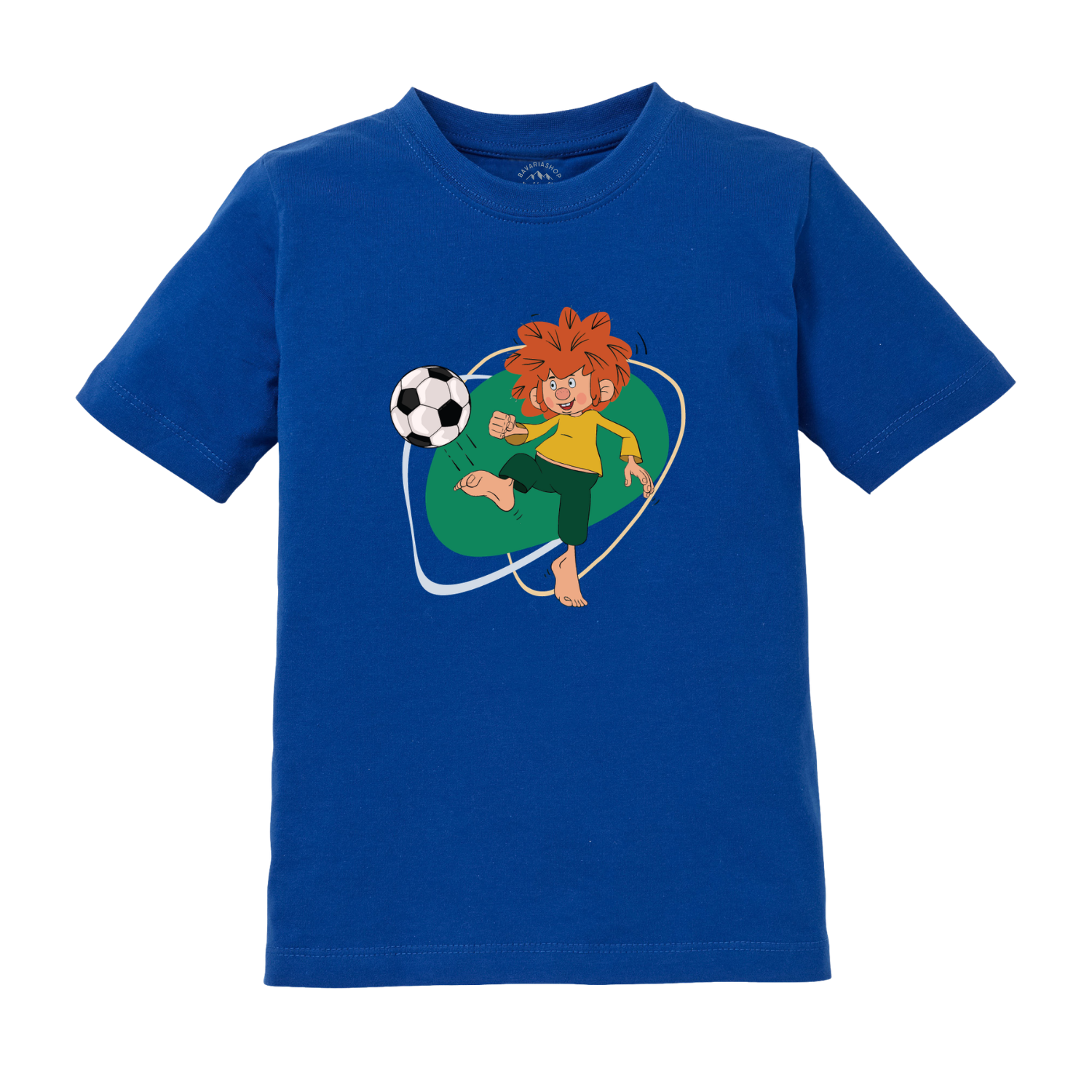 Königliches blaues Kinder T-Shirt mit farbenfrohem Pumuckl Motiv, der barfuß einen Fußball kickt.