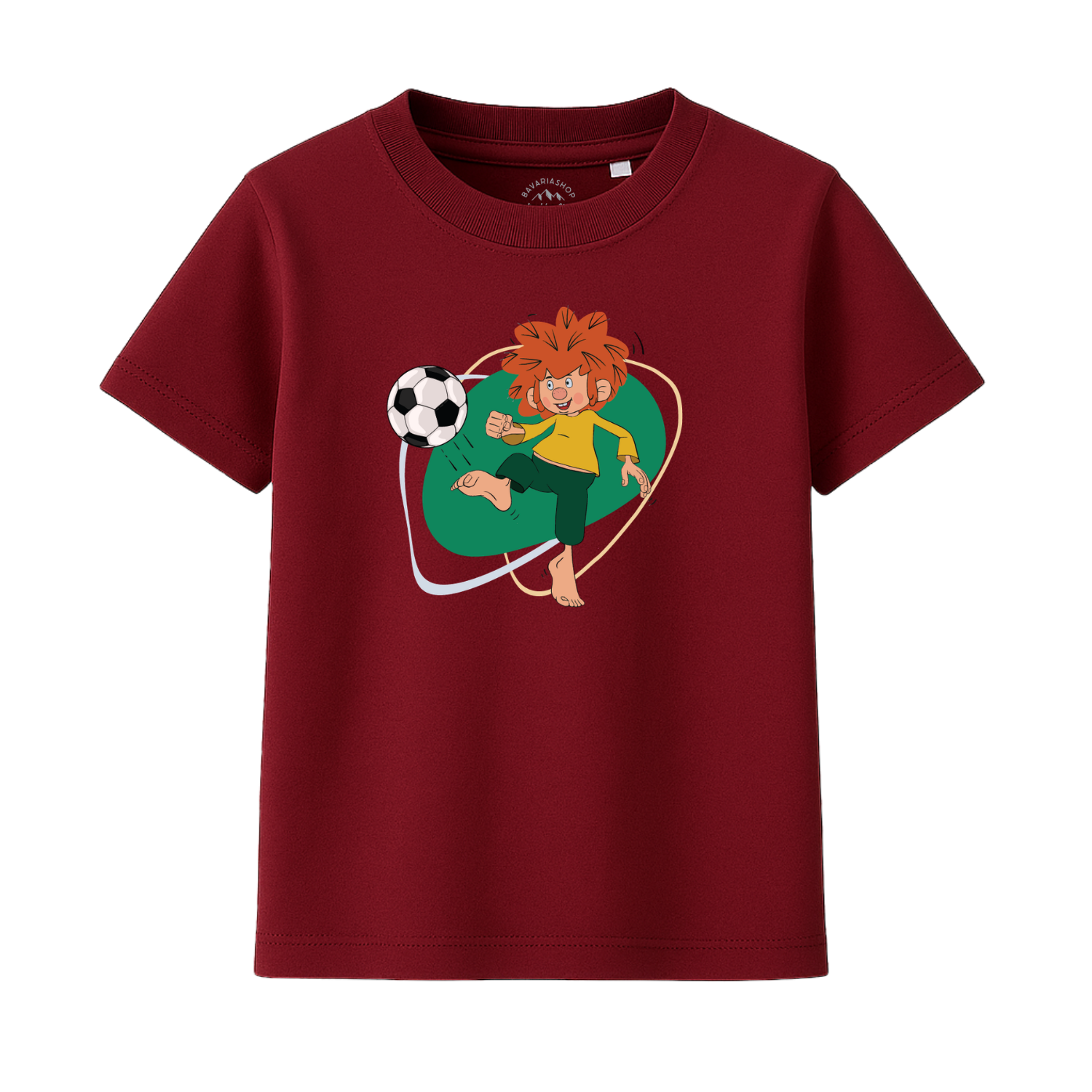 Dunkelrotes Kinder-T-Shirt mit großem Pumuckl Fußball Motiv, ideal für kleine Fans.
