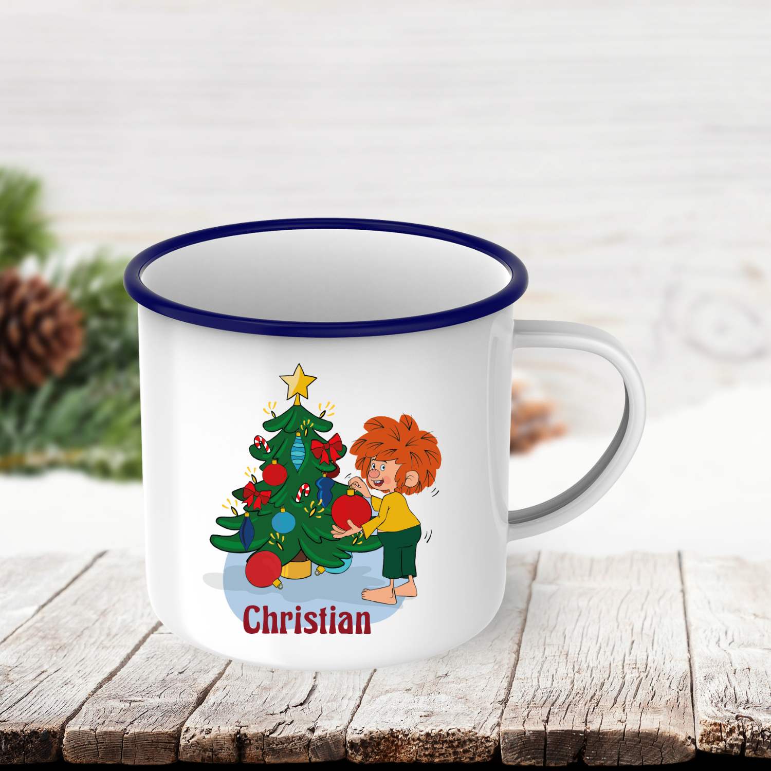 ®Pumuckl Emaille-Tasse "Weihnachten" personalisierbar