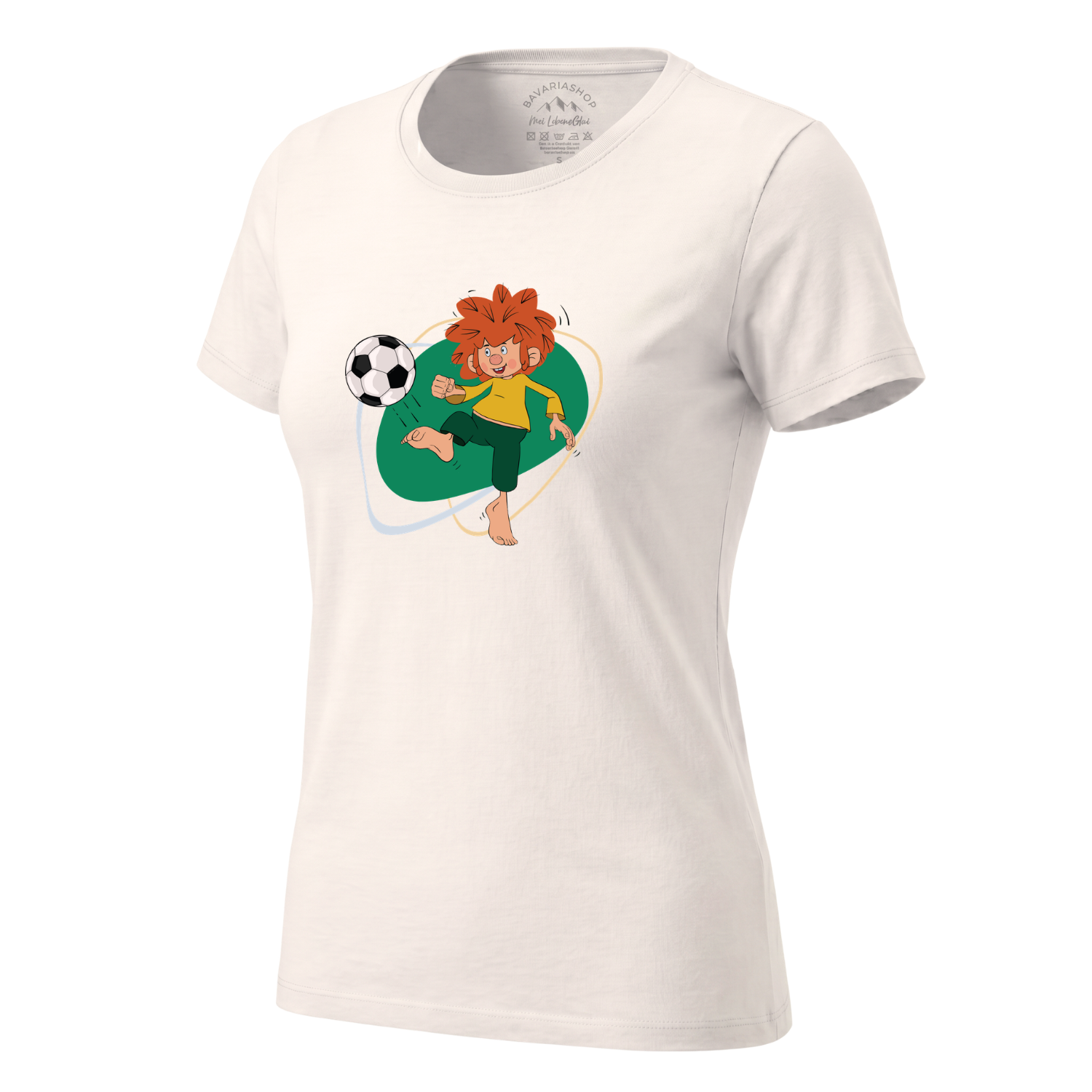 Damen T-Shirt in Cremeweiß mit frechem Pumuckl Motiv beim Fußball spielen, ideal für Fans.