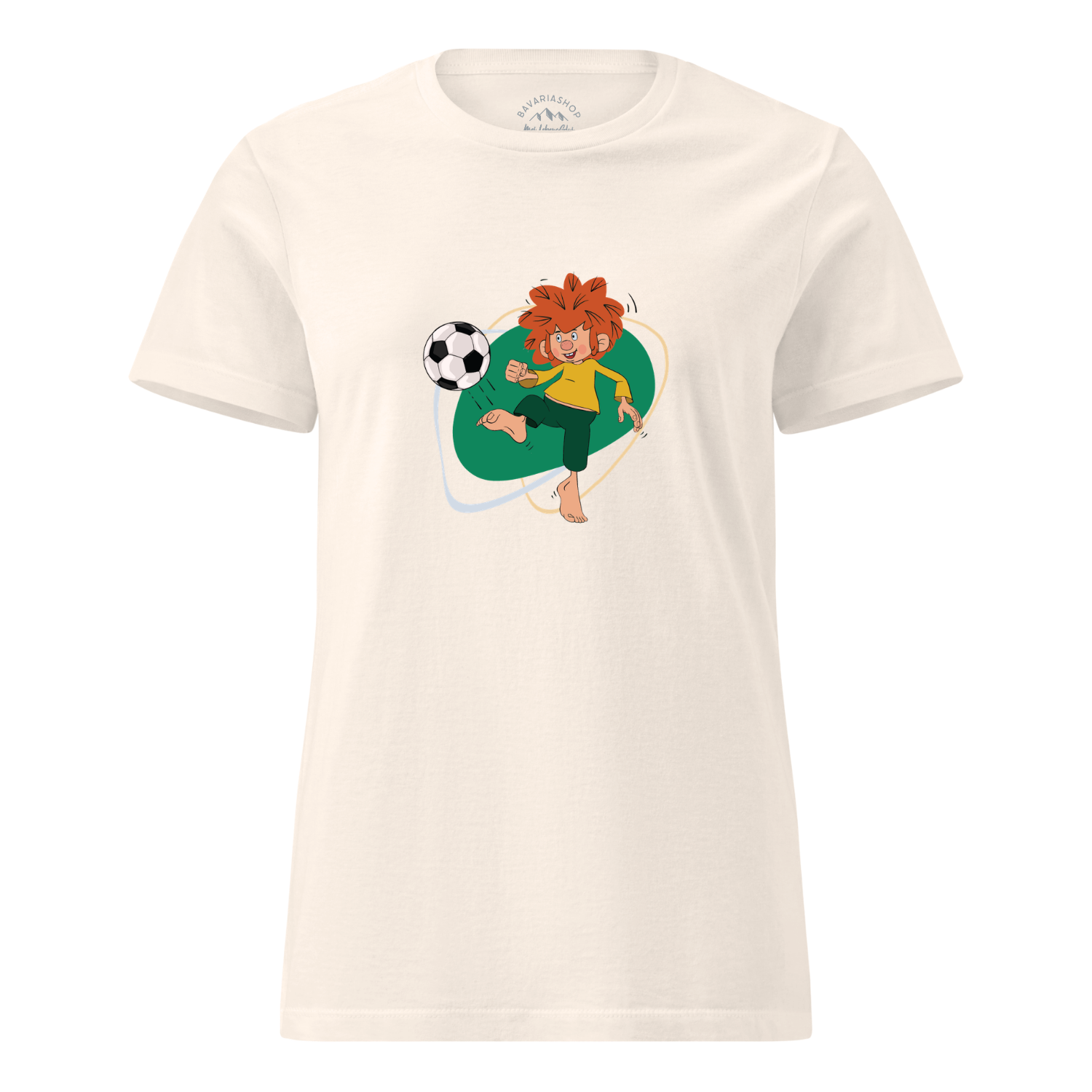 Beiges Damen T-Shirt mit buntem Pumuckl Fußball Motiv und lockerem Schnitt.
