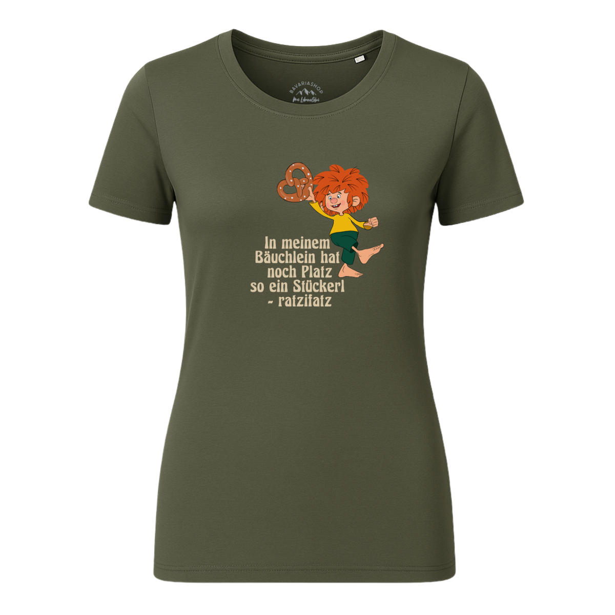 Damen Pumuckl T-Shirt Brezn Stückerl in Olivgrün mit Pumuckl-Motiv und Spruch "In meinem Bäuchlein hat noch Platz