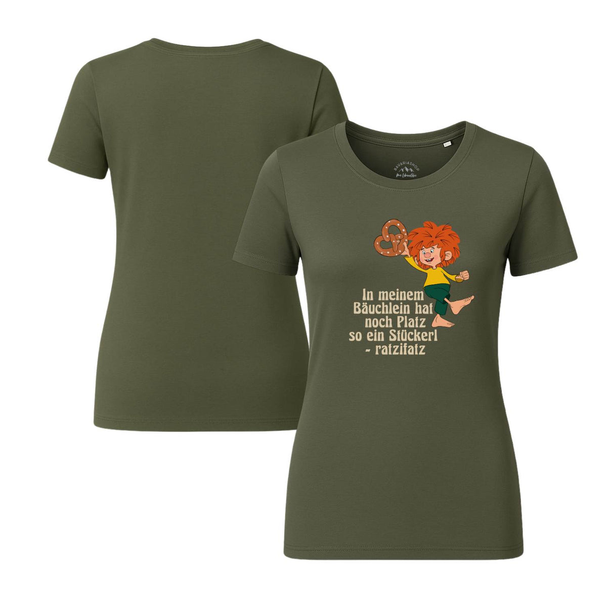 Pumuckl Damen T-Shirt "Brezn Stückerl" in Armeegrün mit pumuckligem Brezel-Motiv und Spruch.
