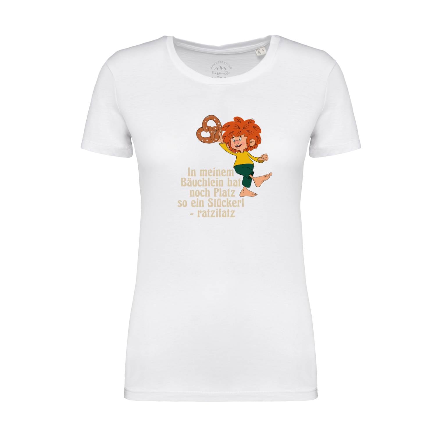 ®Pumuckl Damen T-Shirt "Brezn Stückerl" weiß mit Kobold und Spruch „In meinem Bäuchlein hat noch Plaaatz“